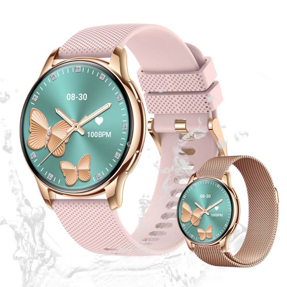 Valdus Damen's Fitness-Tracker Telefonfunktion Elegant Smartwatch (3,35 cm/1,32 Zoll, Android/iOS) mit AMOLED HD-Touchscreen, und austauschbarem weichem Mesharmband, - 300 mAh mit Herzfrequenzsensor, SPO2, Schrittzähler & GPS-Tracking