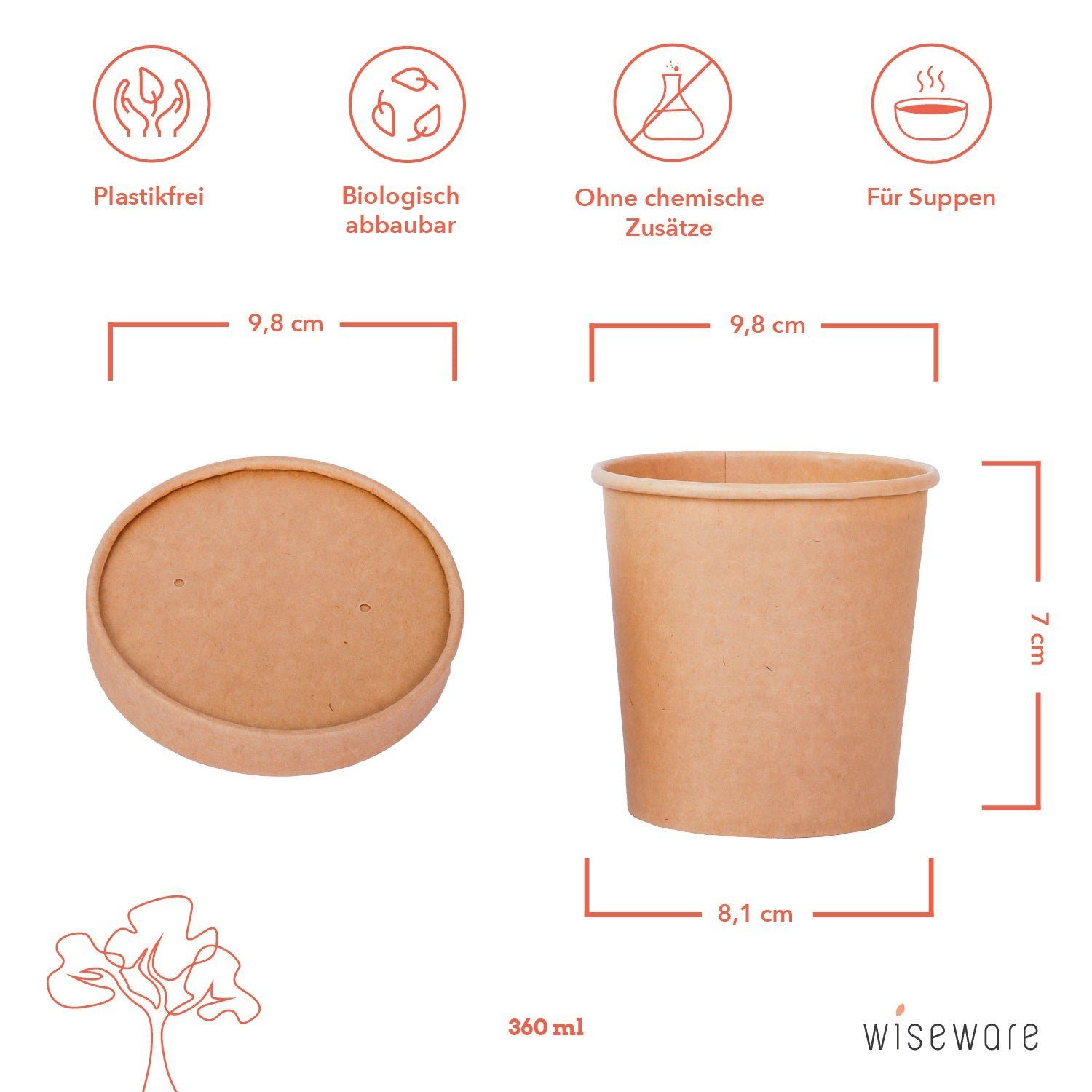 Einwegschale - Suppenschüssel Papier, mit 360ml, wisefood Deckel (25-tlg)