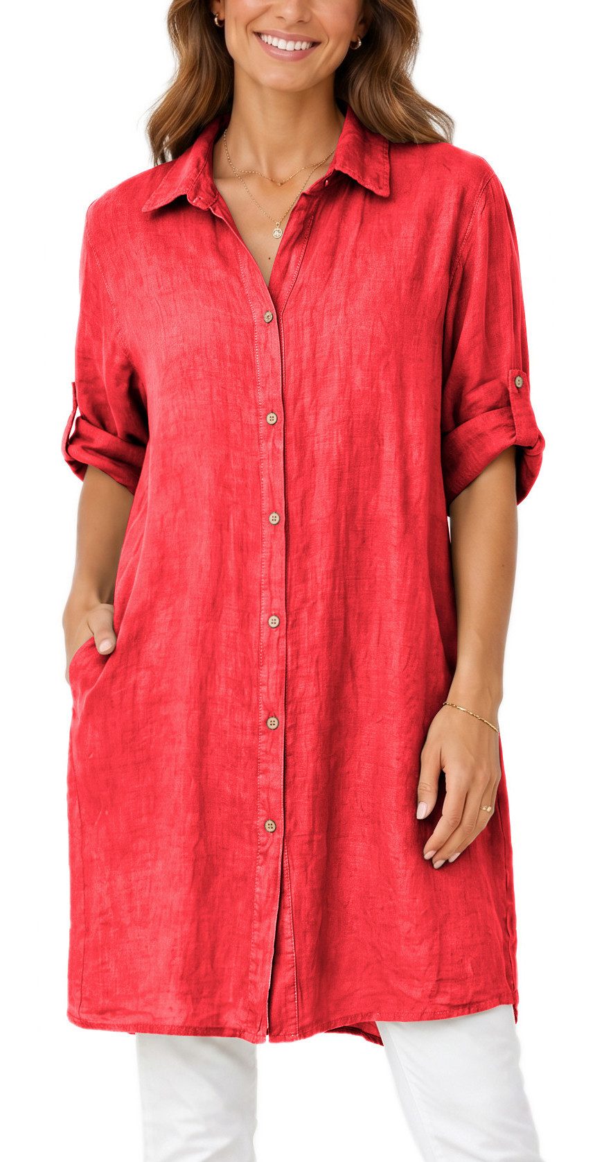 dy_mode Longbluse Damen Leinen Longbluse Sommer Hemdbluse Blusenkleid Luftige Tunika in Unifarbe, mit Knopfleiste