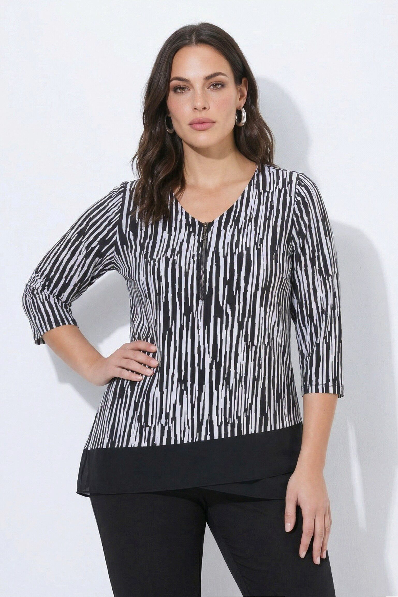 Ulla Popken T-Shirt Slinky-Shirt Streifen A-Linie V-Ausschnitt 3/4-Arm