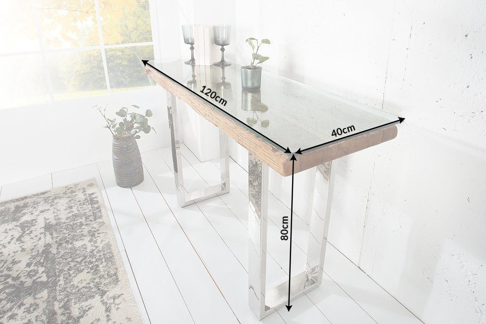 natur 120cm · silber, Konsole Edelstahl-Kufen Sicherheitsglas / riess-ambiente · Konsolentisch · BARRACUDA Massivholz