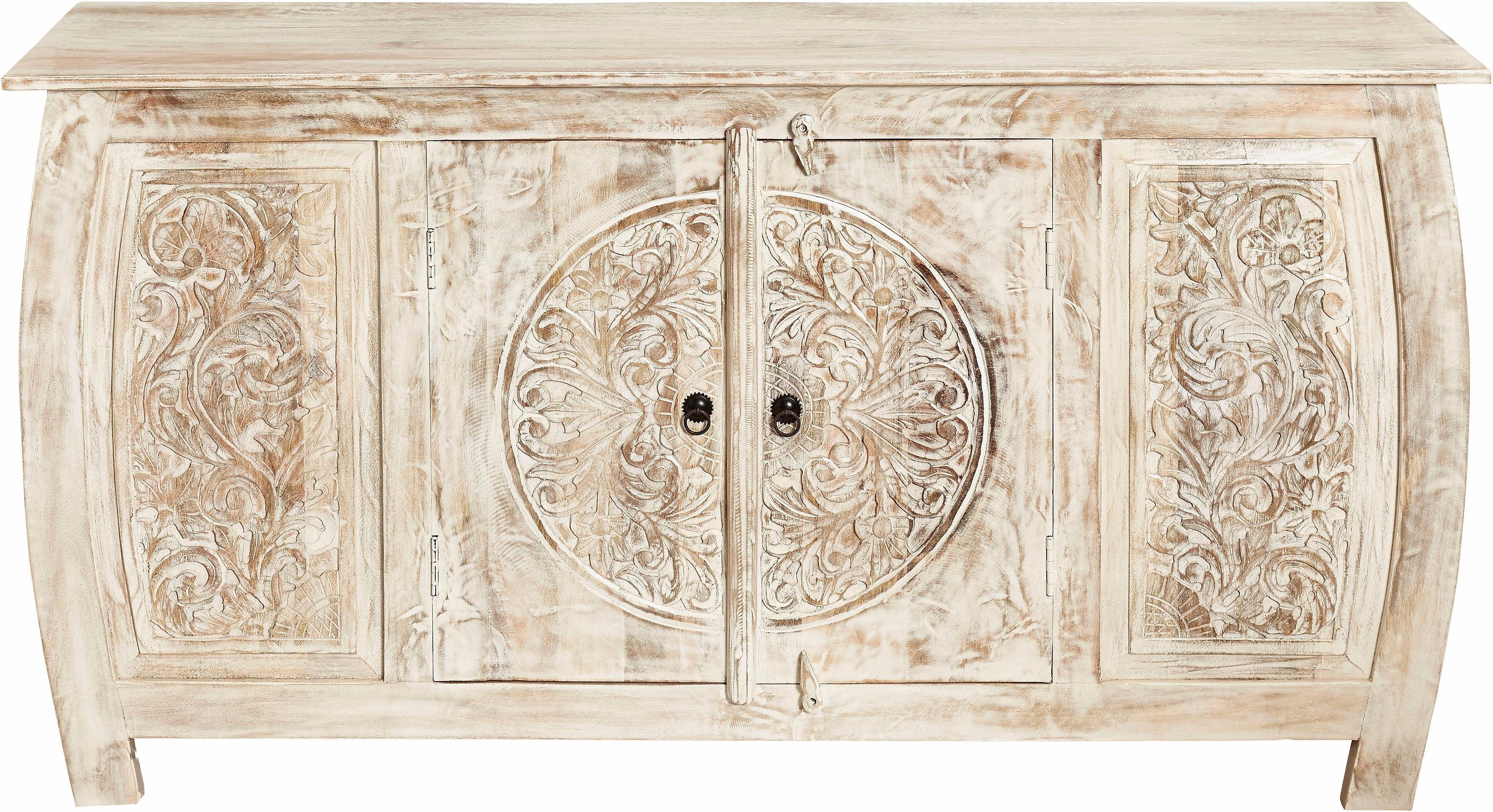 OTTO home Sideboard Mahar Kommode handgefertigt mit 2 Türen, 2 Fächern und Metallgriffen, dekorative handgefertigte Schnitzereien mit Metallgriffen, 166cm breit – Bild 2 von 5