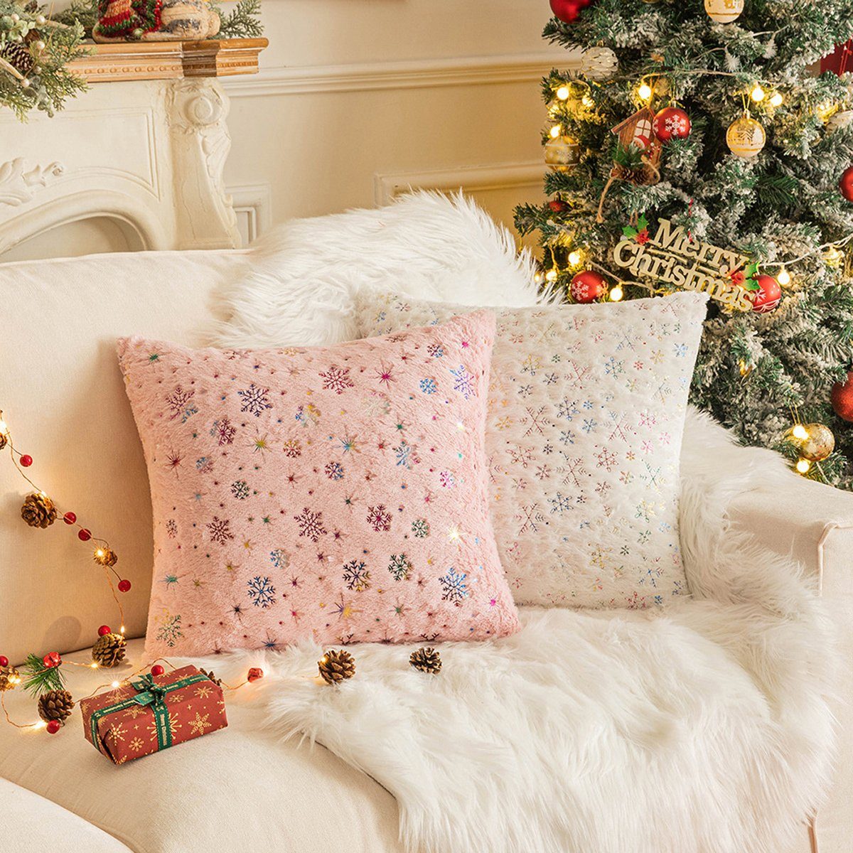 Kissenbezüge Dekorativer Bett,Couch, Weiß Jormftte Kissenbezug,mit Schneeflocken-Pailletten,für