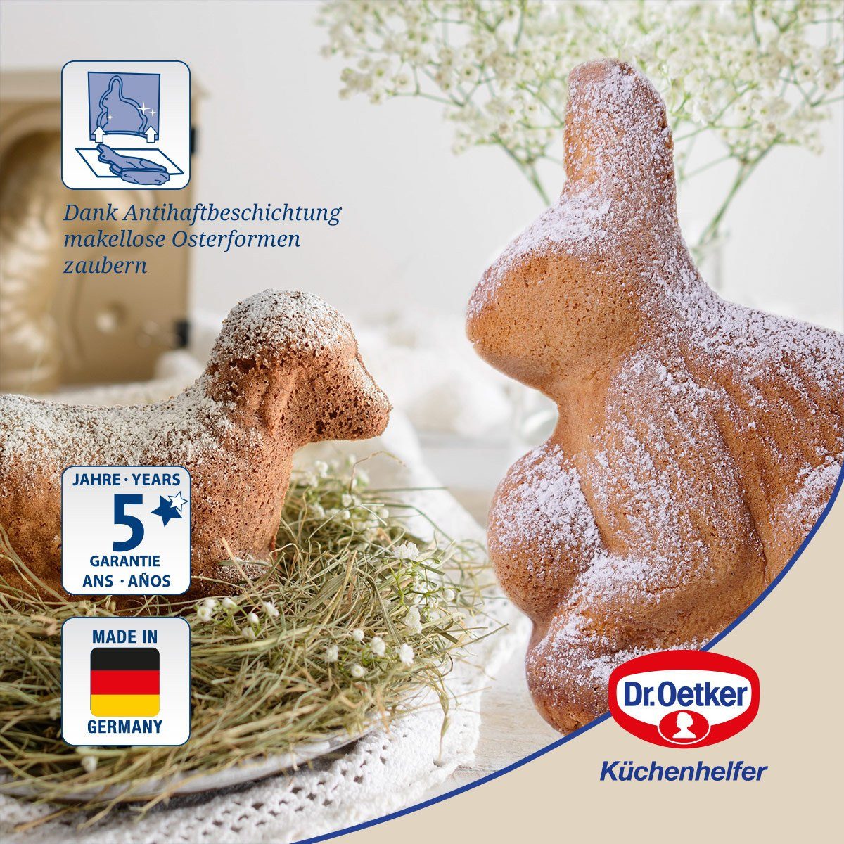 Dr. Oetker Küchenhelfer Backform Osterbackformen-Set Goldiges Ostern, hochwertige Hasenform, Lammform