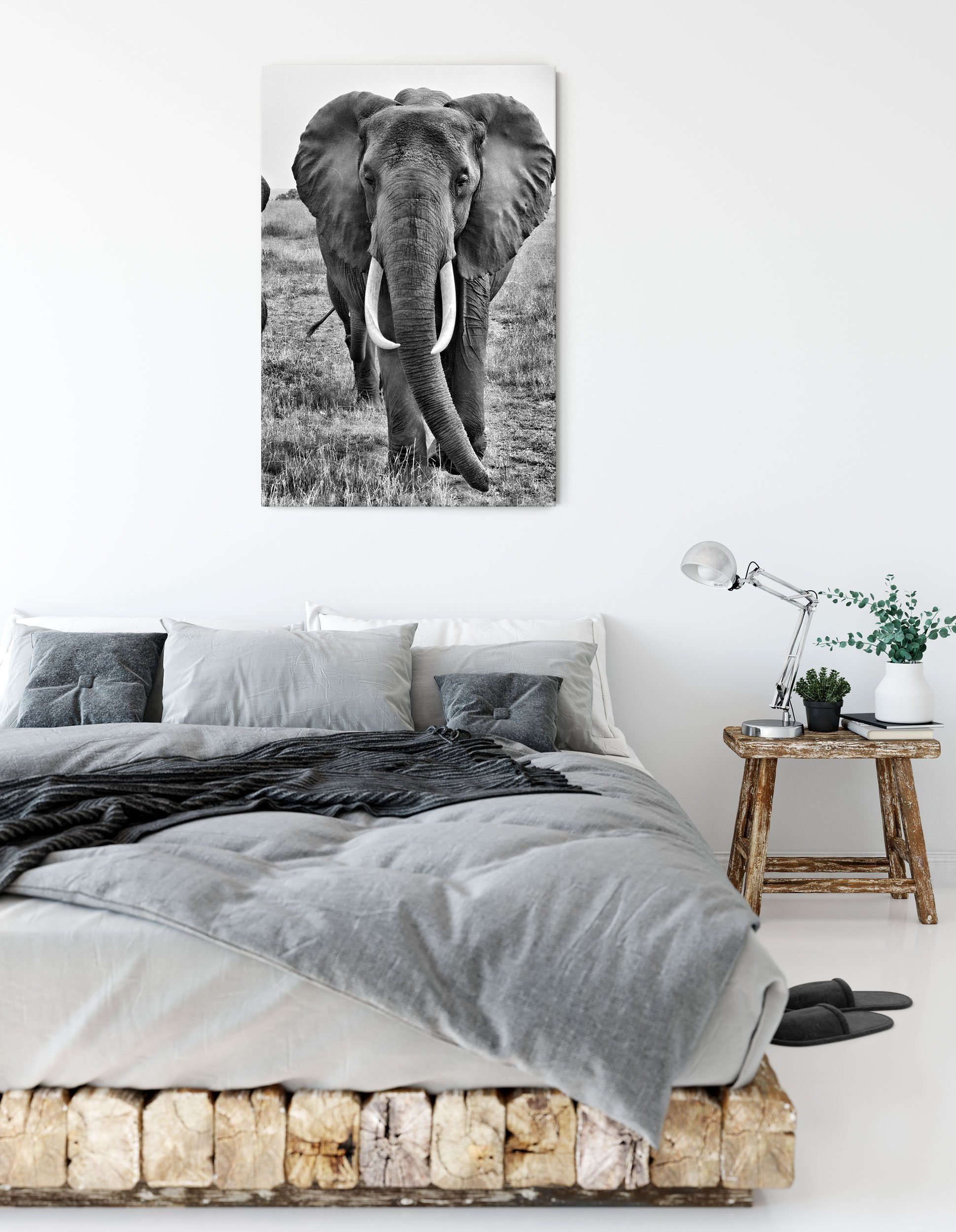 Pixxprint Leinwandbild große wandernde St), (1 Zackenaufhänger wandernde Elefantenhorde große bespannt, Leinwandbild inkl. fertig Elefantenhorde