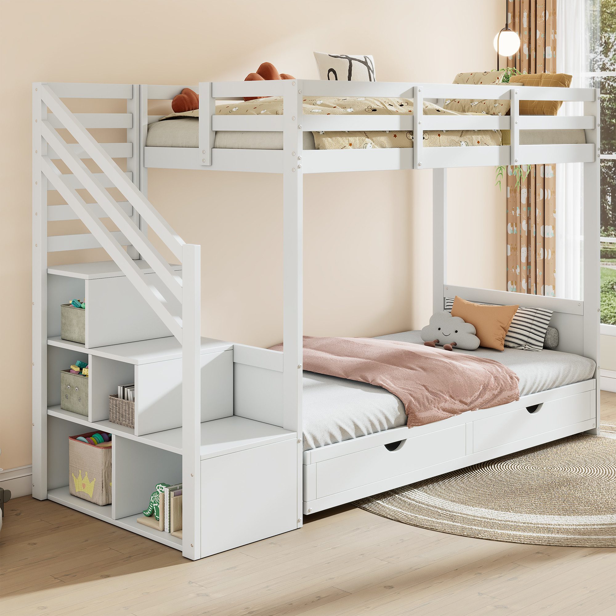 OKWISH Hochbett mit Treppenschrank und 2 günstig online kaufen