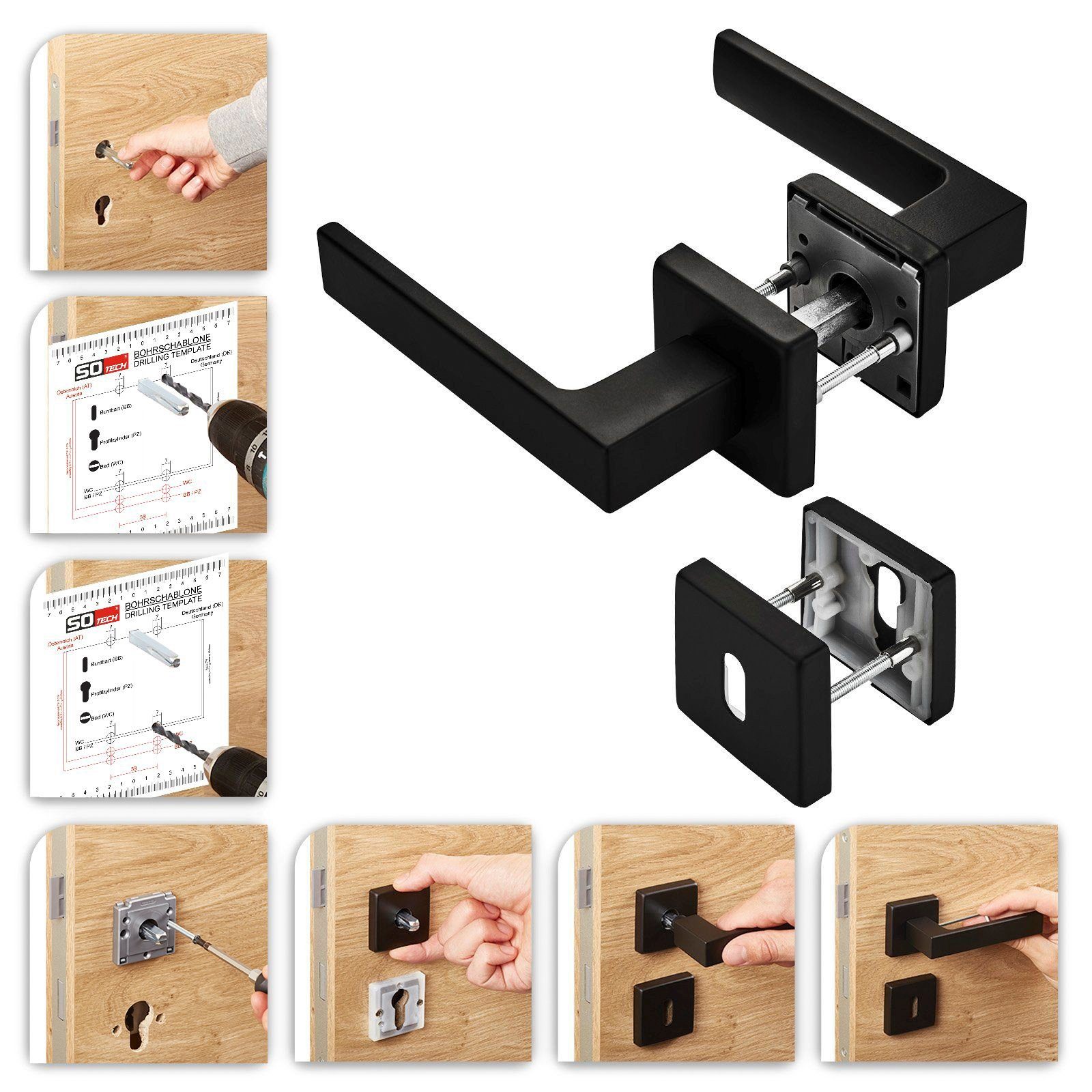 SO-TECH® Drückergarnitur Türdrücker CUBE schwarz 120 x 22 mm Vierkant 8 x 8 mm, Buntbart Türgarnitur für Zimmertür Rosettengarnitur