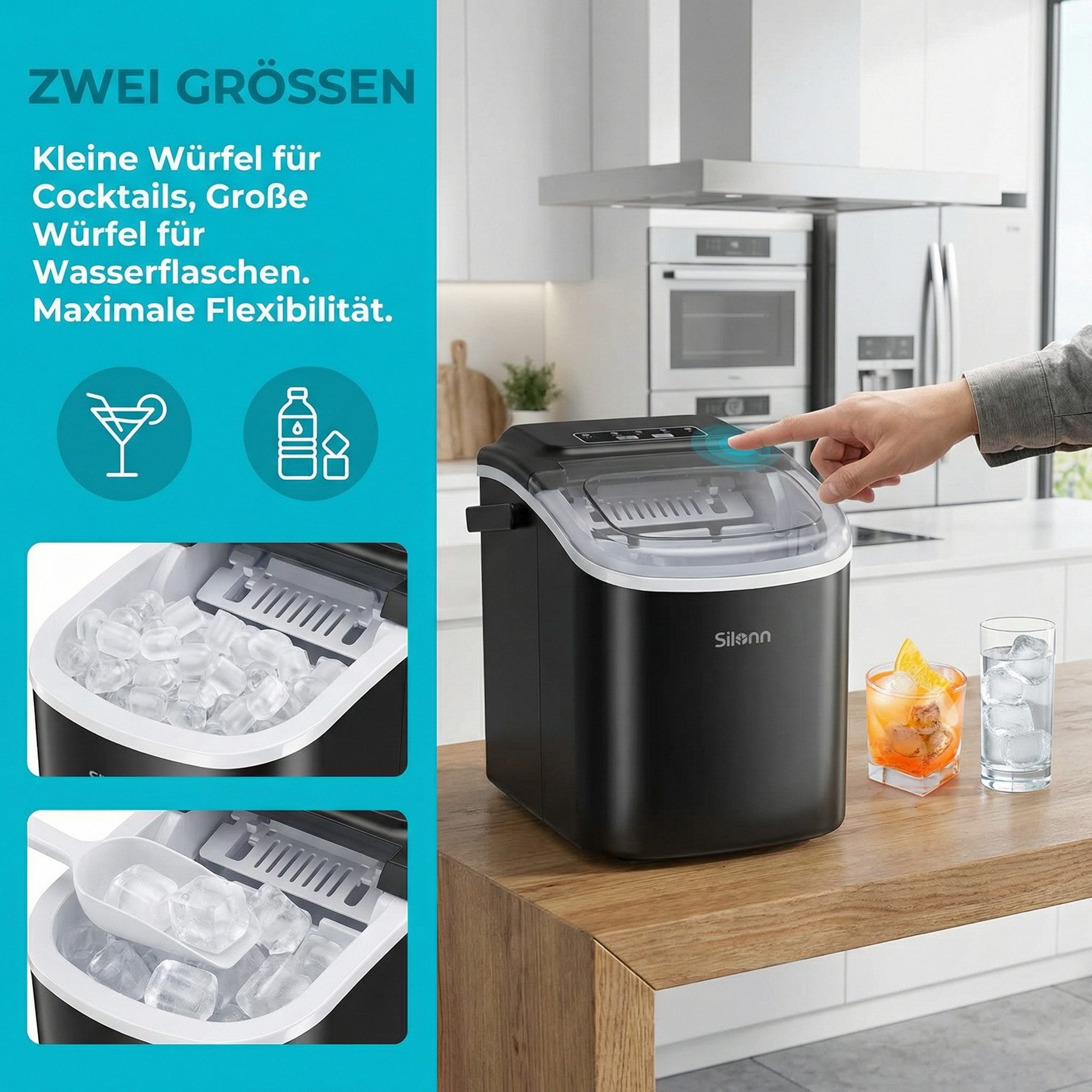 Silonn Eiswürfelmaschine Eiswürfelmaschine kompakt, 2 Eisgrößen, Selbstreinigung, tragbar, 6-minütige Eisherstellung