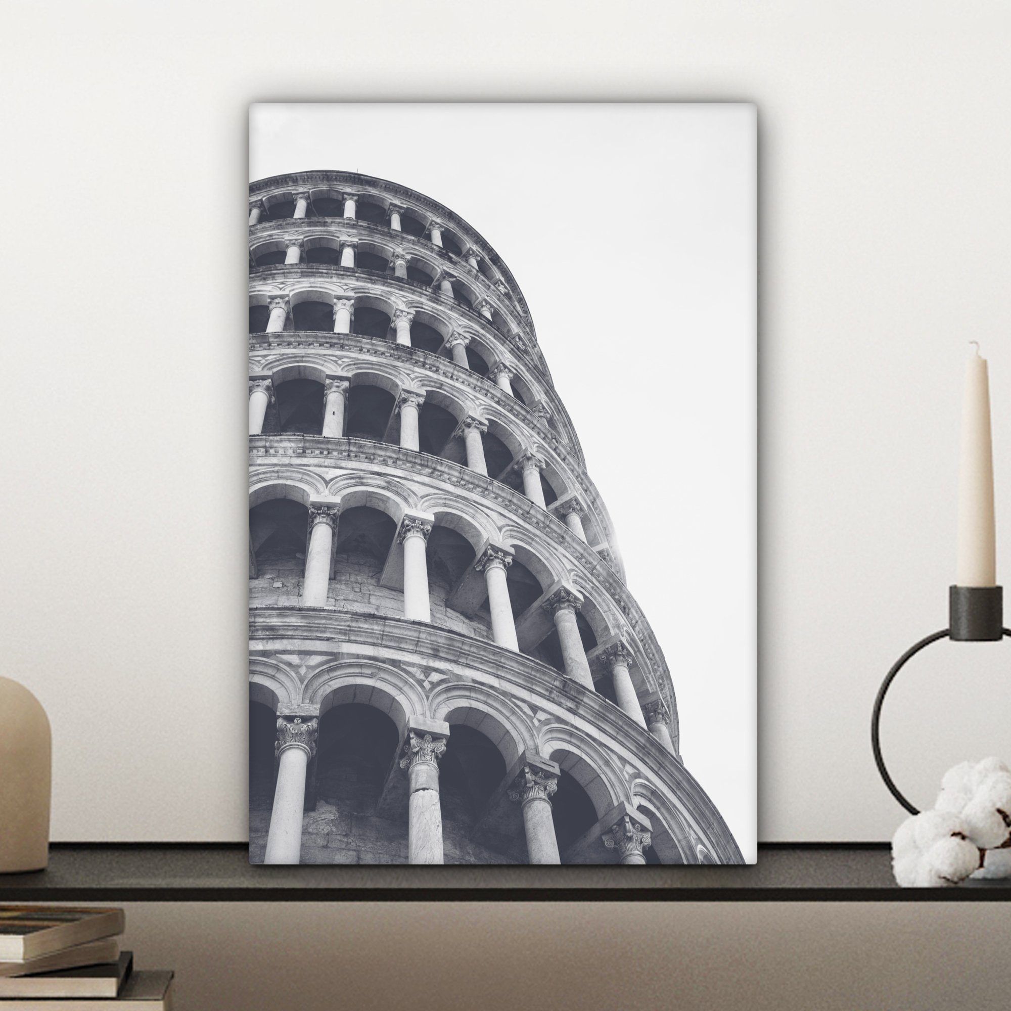OneMillionCanvasses® Turm fertig Pisa - Leinwandbild Italien Gemälde, cm 20x30 Zackenaufhänger, inkl. - weiß, und Schwarz Leinwandbild (1 St), von bespannt