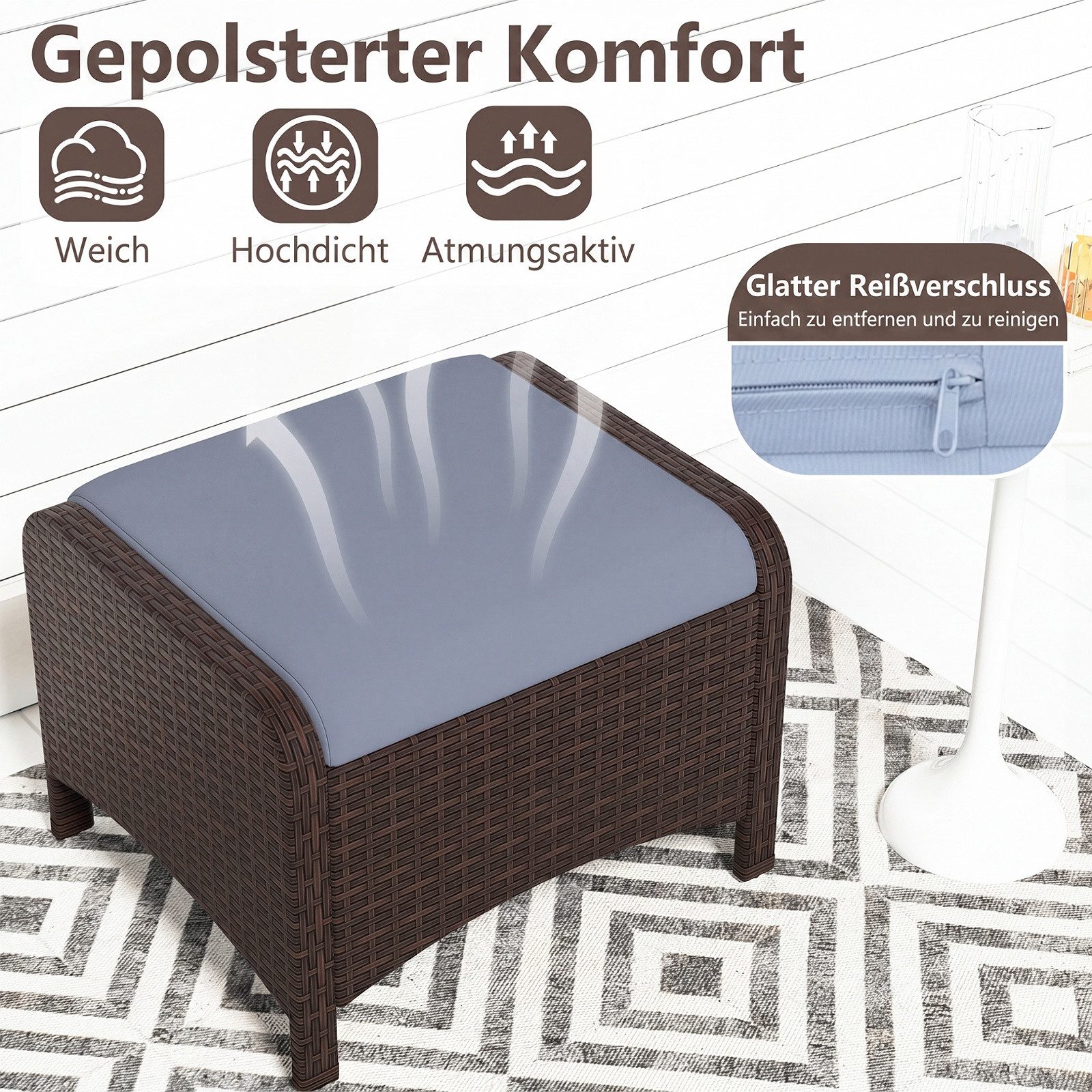 COSTWAY Fußhocker (2er Set), Rattan Sitzhocker mit abnehmbarem Kissen wetterfest 46x54x39,5cm