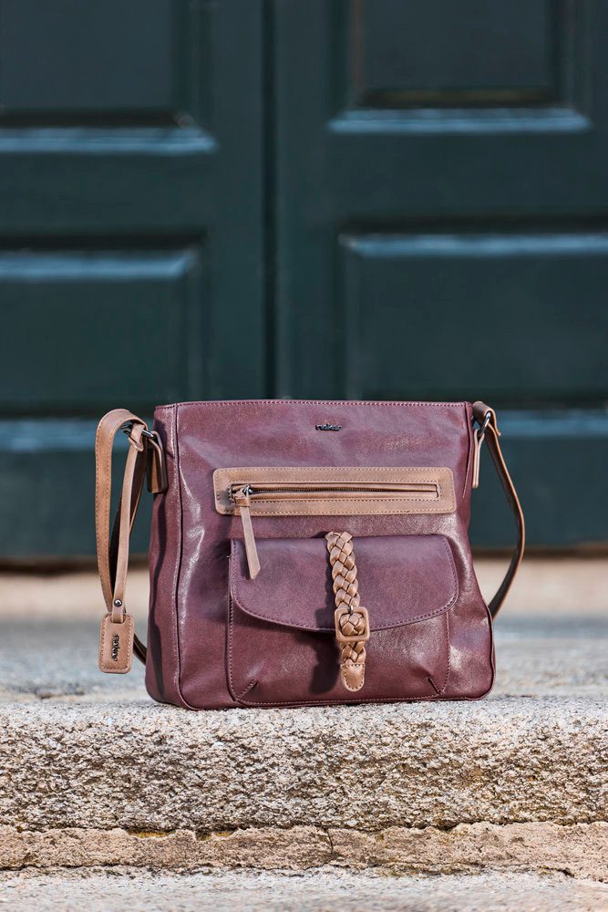 Rieker Umhängetasche, Damen Schultertasche, Vortasche mit geflochtenem Riemchenverschluss