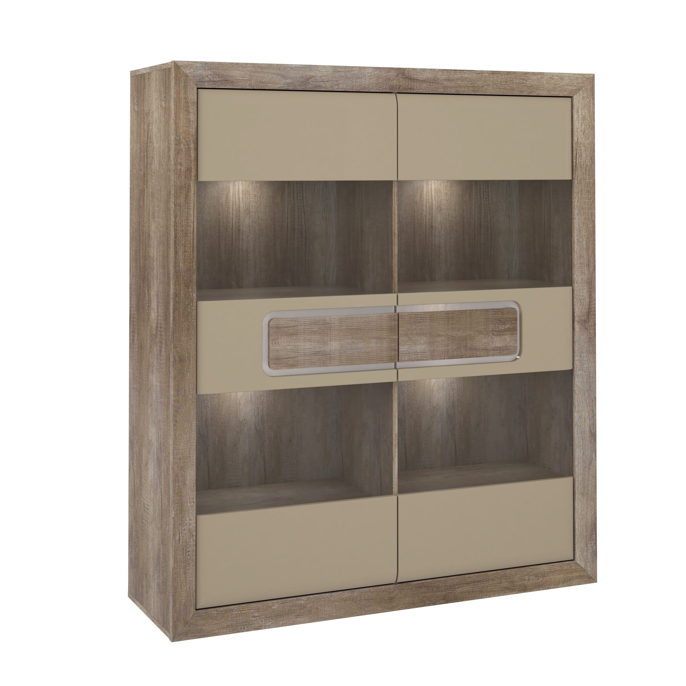 freiraum Glasvitrine TIZANO LED, Eiche Antik Dekor / Beige Glanz - 133,8x155,4x41,3cm (BxHxT)
