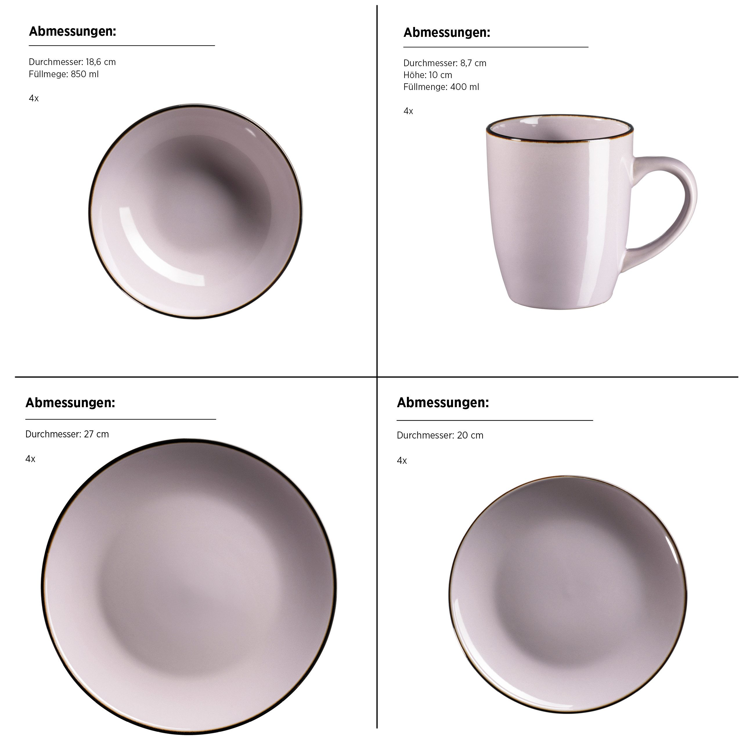 MÄSER Kombiservice METALLIC RIM (16-tlg), 4 Personen, Steinzeug