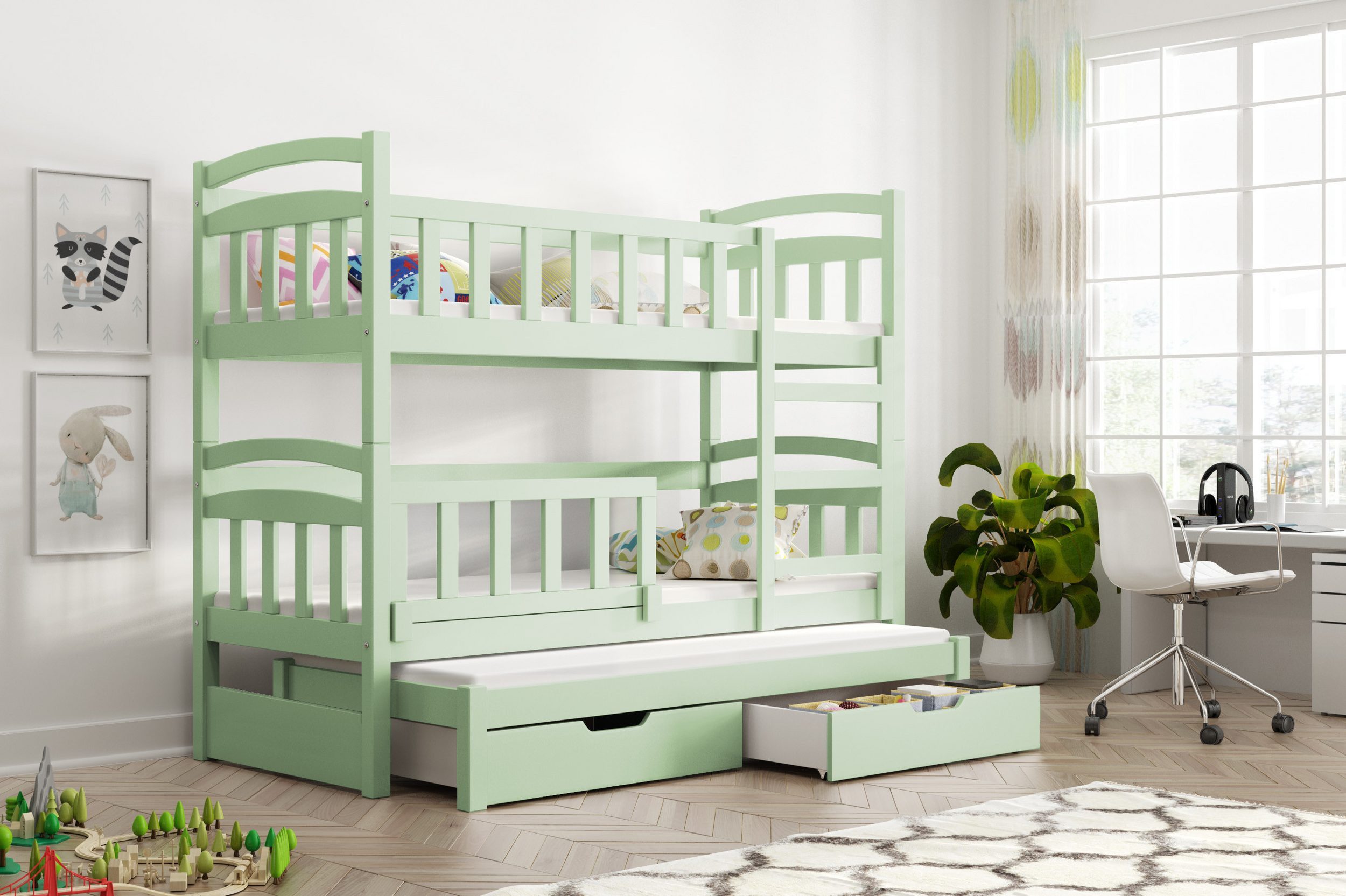 thematys Hochbett Etagenbett Stockbett mit Rausfallschutz - MADE IN EU EXKLUSIV AUF OTTO (zwei Schubladen, Ausziehbett - 80x160, 80x180cm, 90x200cm, Kinderbett für Jungen und Mädchen, robust, sicher, viele bunte Farben) aus Kiefermassivholz + INKL. 3 Matratzen