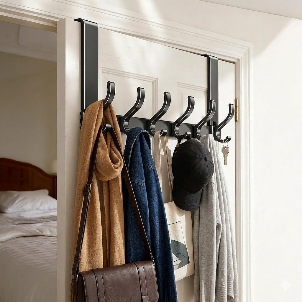 Fyrove Türhaken Türgarderobe zum Einhängen mit 6 Haken, ohne Bohren, Rostfrei, für Flur, Bad und Küche, Tür, Schlafzimmer, (Hakenleiste Bad, Türgarderobe, Ohne Bohren Türhaken, Platzsparende Türhaken, Türhaken zum Einhängen, 1-St, Arbeitszimmer, Kleiderhaken Tür, Handtuchhaken Tür, Türgarderobe), Robust & Langlebig, Vielseitig einsetzbar