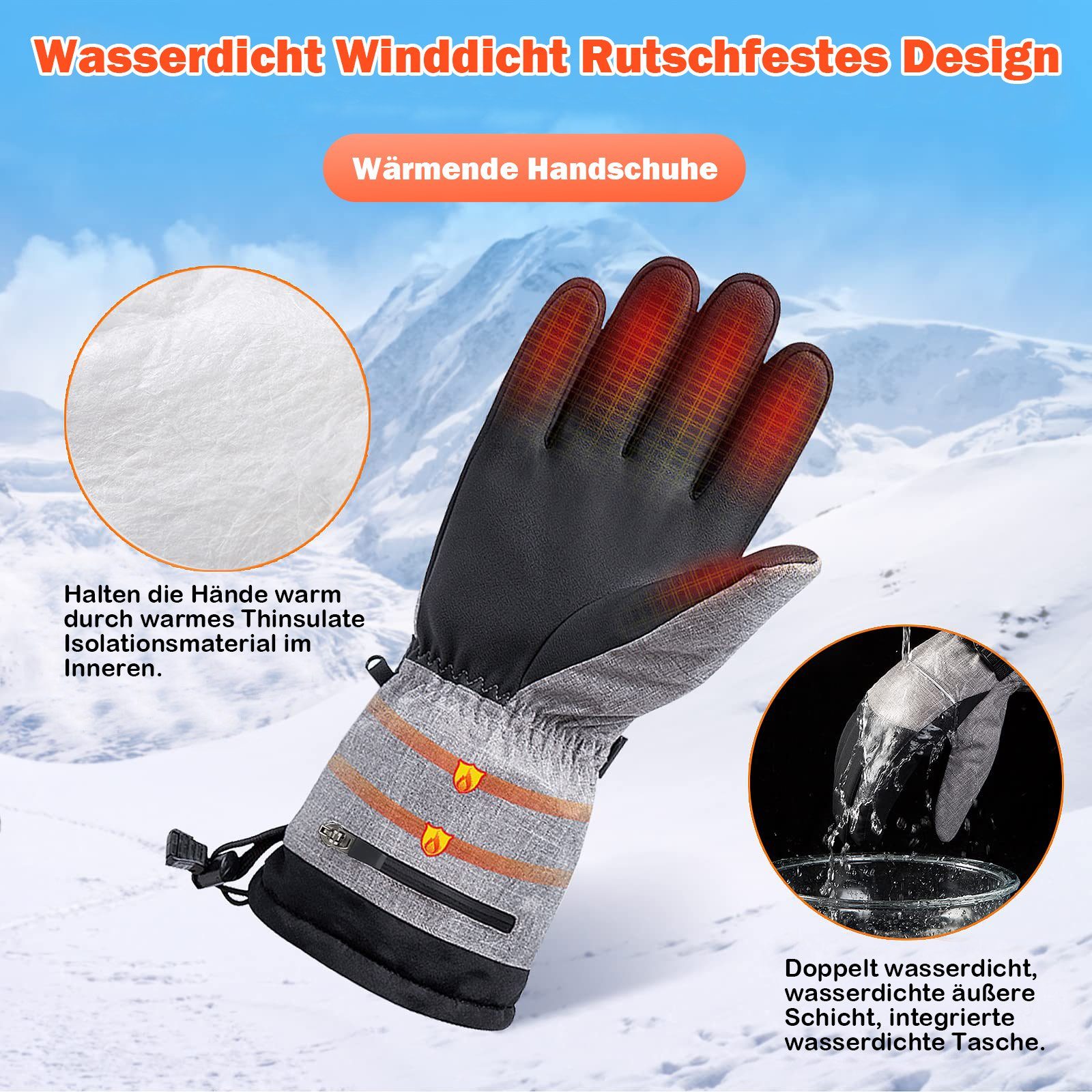 Multisporthandschuhe Beheizte Handschuhe Grau Radfahren BTTO Damen Laufen Herren Skifahren Winter,Skihandschuhe,Thermohandschuhe Handschuhe,Batterie,für