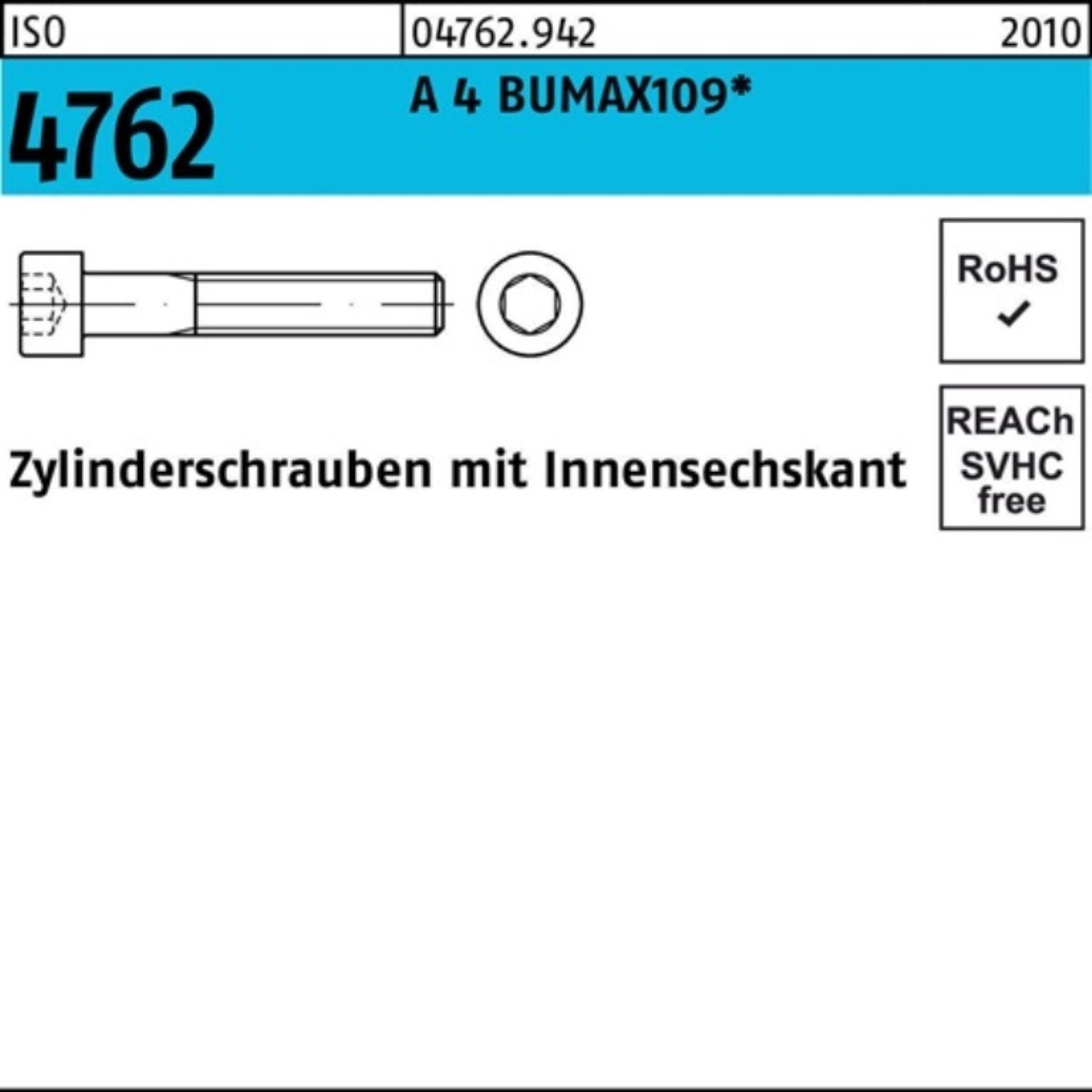 Bufab Zylinderschraube 100er Pack Zylinderschraube ISO 4762 Innen-6kt M6x 50 A 4 BUMAX109 100