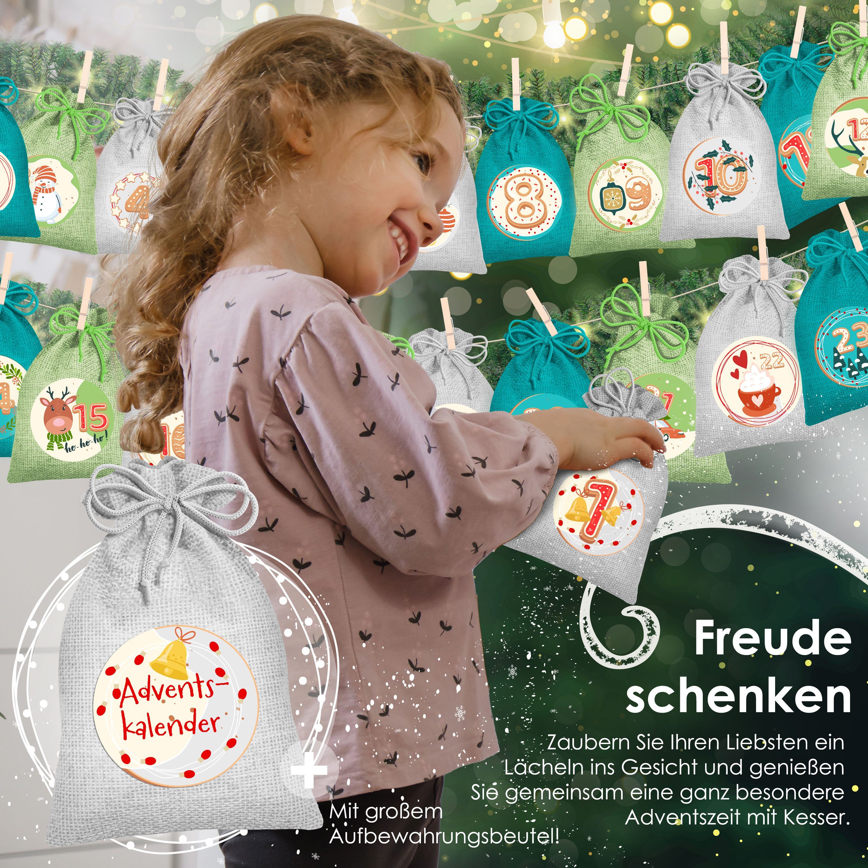 KESSER Adventskalender, Adventskalender zum Befüllen 24 Jutebeutel Stoffbezug gedruckt