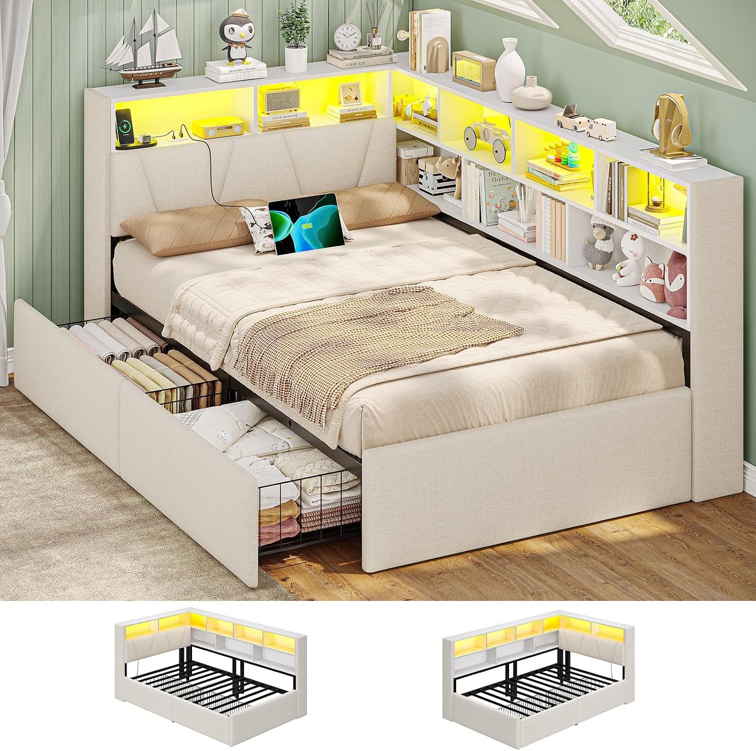 Polsterbett mit LED-Beleuchtung & Ladestation, 9 Staufächern & 2 Schubladen, Grau