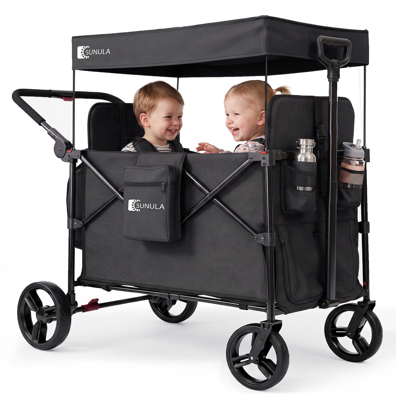 SUNULA Bollerwagen Kinder Bollerwagen für 2 Kinder mit Dach, Schiebe- und Zieh Funktion, Faltbar Kinderwagen mit XXL-Rädern (25/20 cm) und 5-Punkt-Gurtsystem