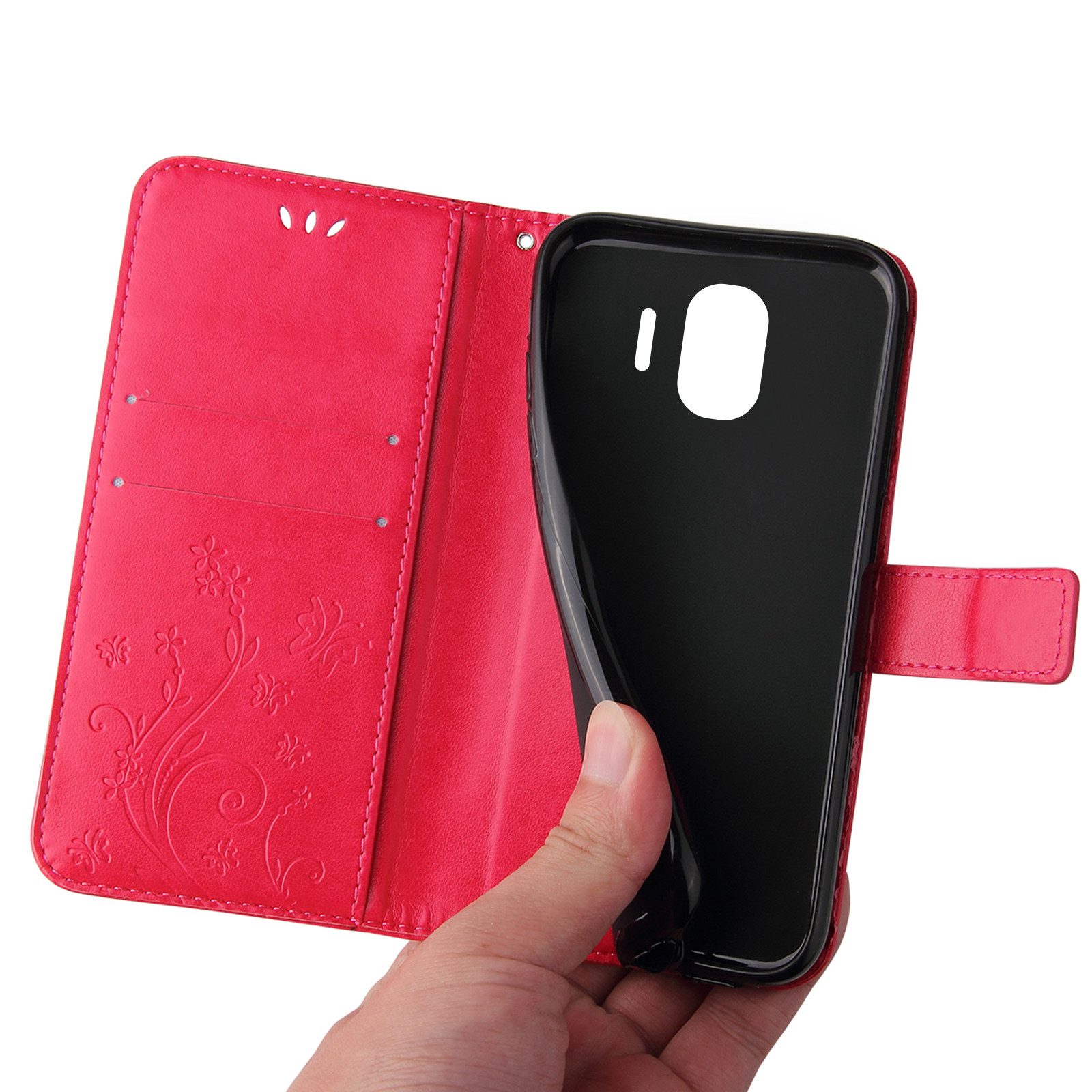 Tec-Expert Handyhülle Cover Tasche Hülle für Samsung Galaxy J4 5,5 Zoll, Klapphülle Case mit Kartenfach Fliphülle aufstellbar, Motiv Blumen