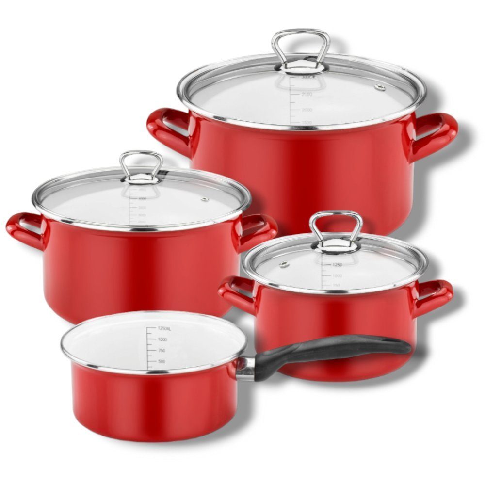 bemus in Stahl Rot - Emaille Star" Germany Topf-Set "Red crafted 7-tlg., - (7-tlg), (Induktion), Email,