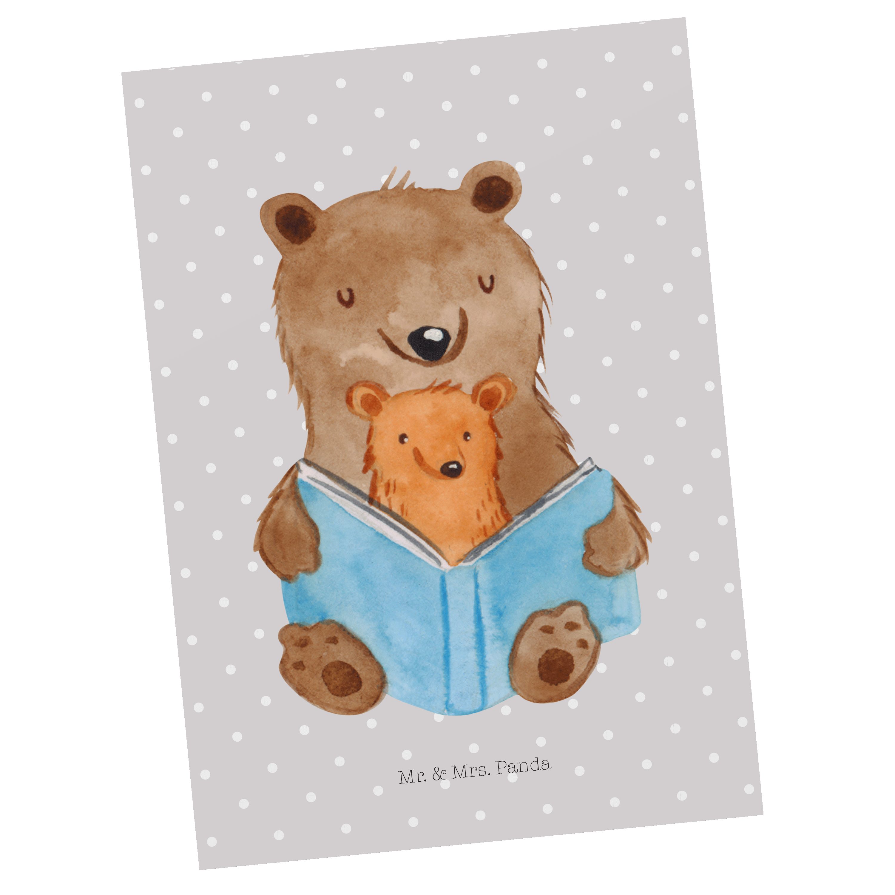 Mr. & Mrs. Panda Postkarte Bären Buch - Grau Pastell - Geschenk, Muttertag, Schwester, Mama, Dan