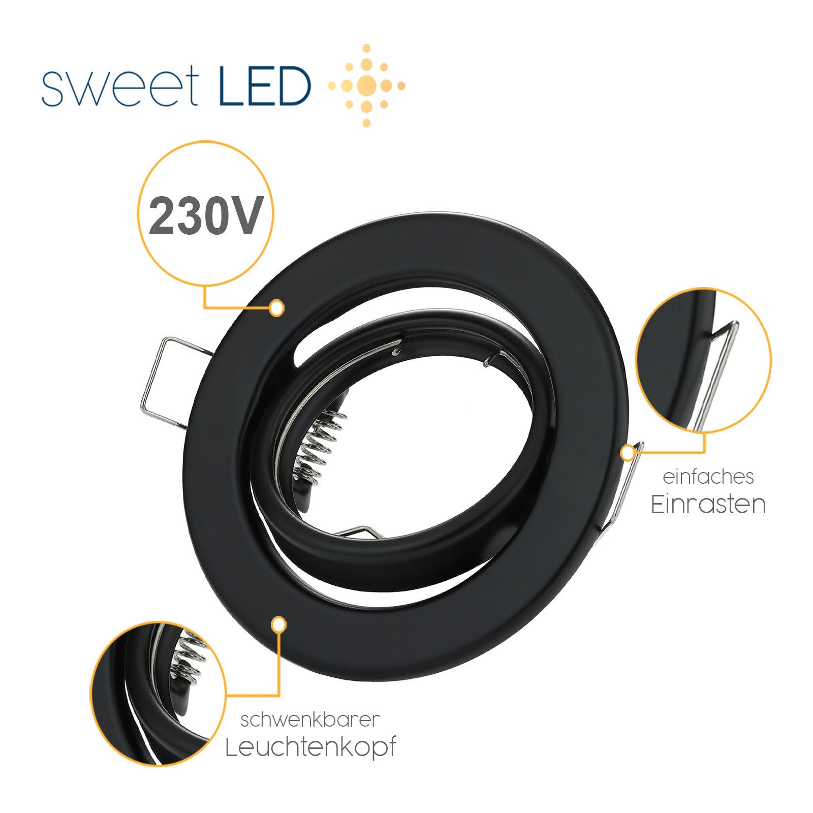 Sweet LED LED Einbaustrahler 10er Set GU10 rund Einbauspots Schwarz 230V Ø 88 mm, ohne Leuchtmittel, Deckenstrahler, Einbauleuchten, Lochdurchmesser Ø 68mm