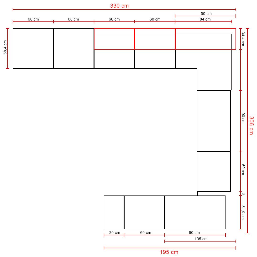 Feldmann-Wohnen Küchenzeile Pescara, (Schubladen mit Teilauszug + Selbsteinzug (Blum Metabox), 330x306x195cm weiß / RAL 9003 signalweiß matt (K5), 15-teilig