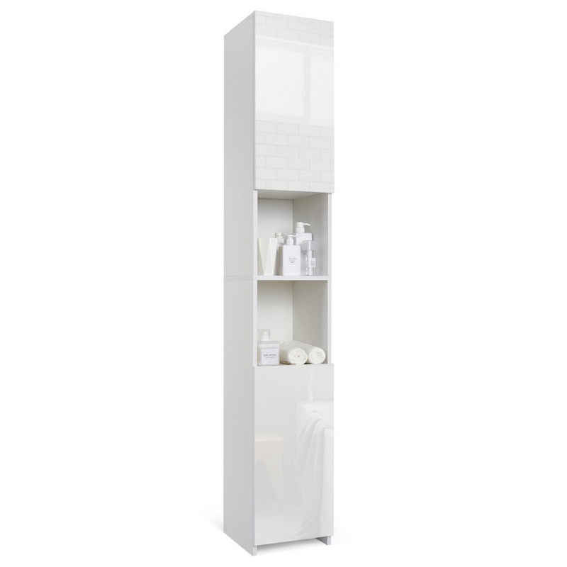Mondeer Hochschrank Badschrank mit 2 Hochglanz Türen und 6 Trennwänden 30 x 30 x 183.5cm, Weiß