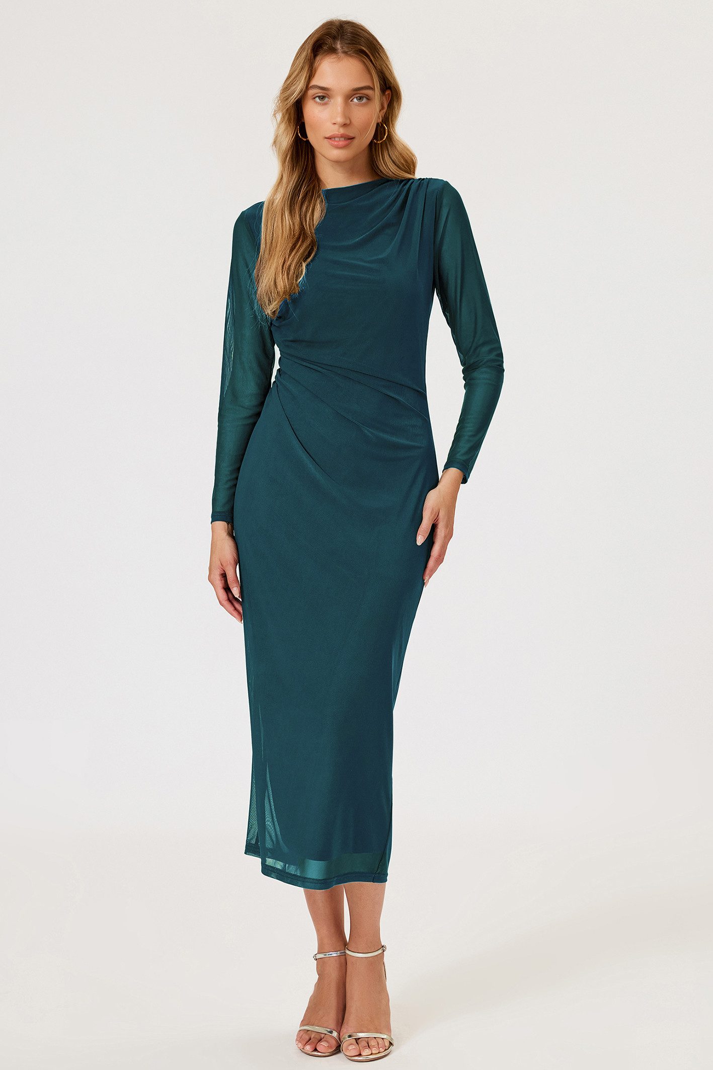 FS Collection Abendkleid Damen Abendkleid Maxikleid Partykleid Langarm Elegant Figurbetont (XS (EU:36 / UK:8) · S (EU:38 / UK:10) · M (EU:40 / UK:12) · L (EU:42 / UK:14) · XL (EU:44 / UK:16), 4 Farben: Teal, Rot, Grün und Aqua) Drapierter Ausschnitt, Tail