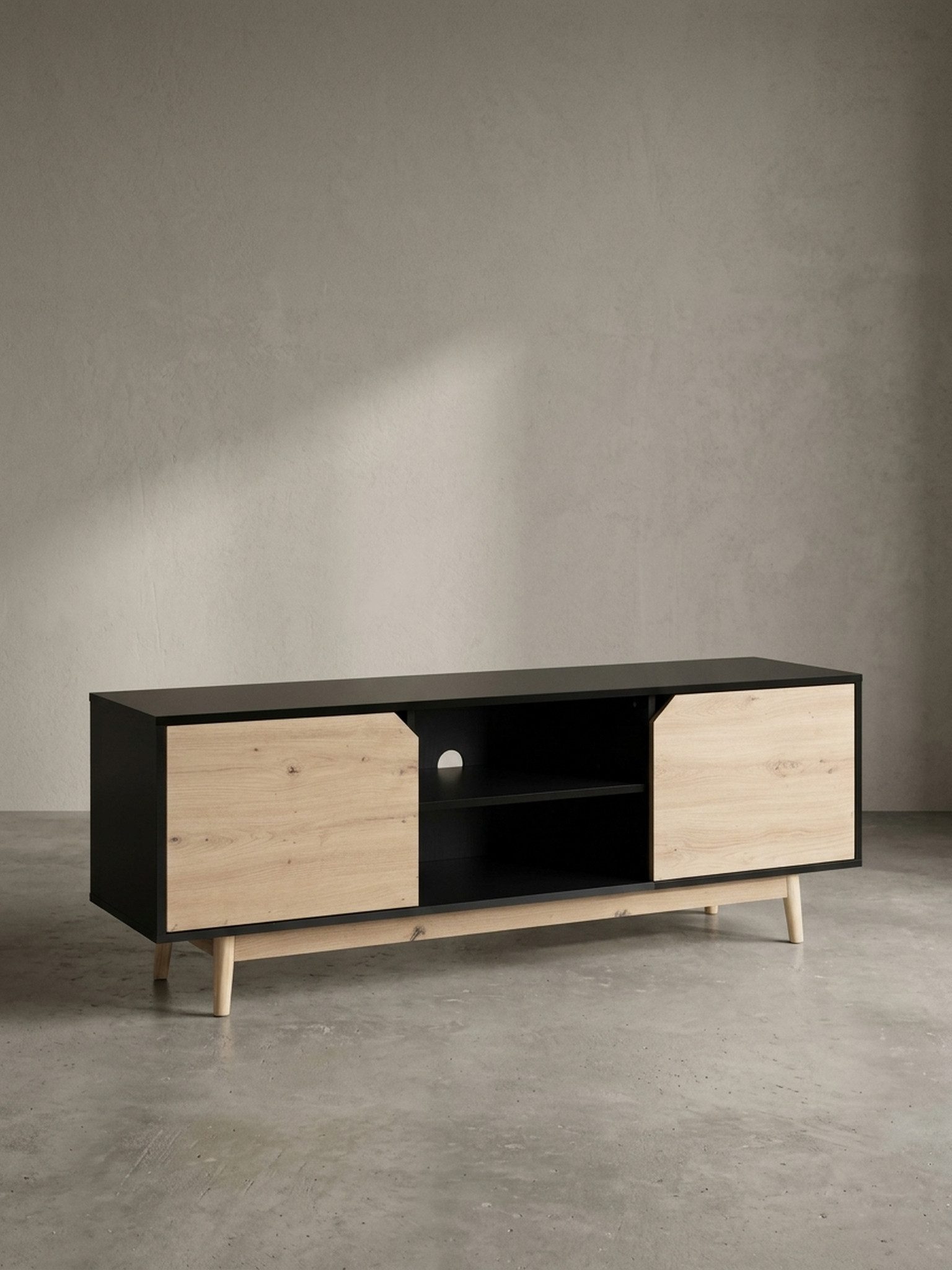 KADIMA DESIGN Lowboard Lowboard Schwarz Eiche-Dekor 150x55x40 cm TV-Kommode Modern, Design (Fernsehkommode Wohnzimmer), TV-Schrank Hoch, Fernsehtisch Fernsehschrank mit zwei Türen