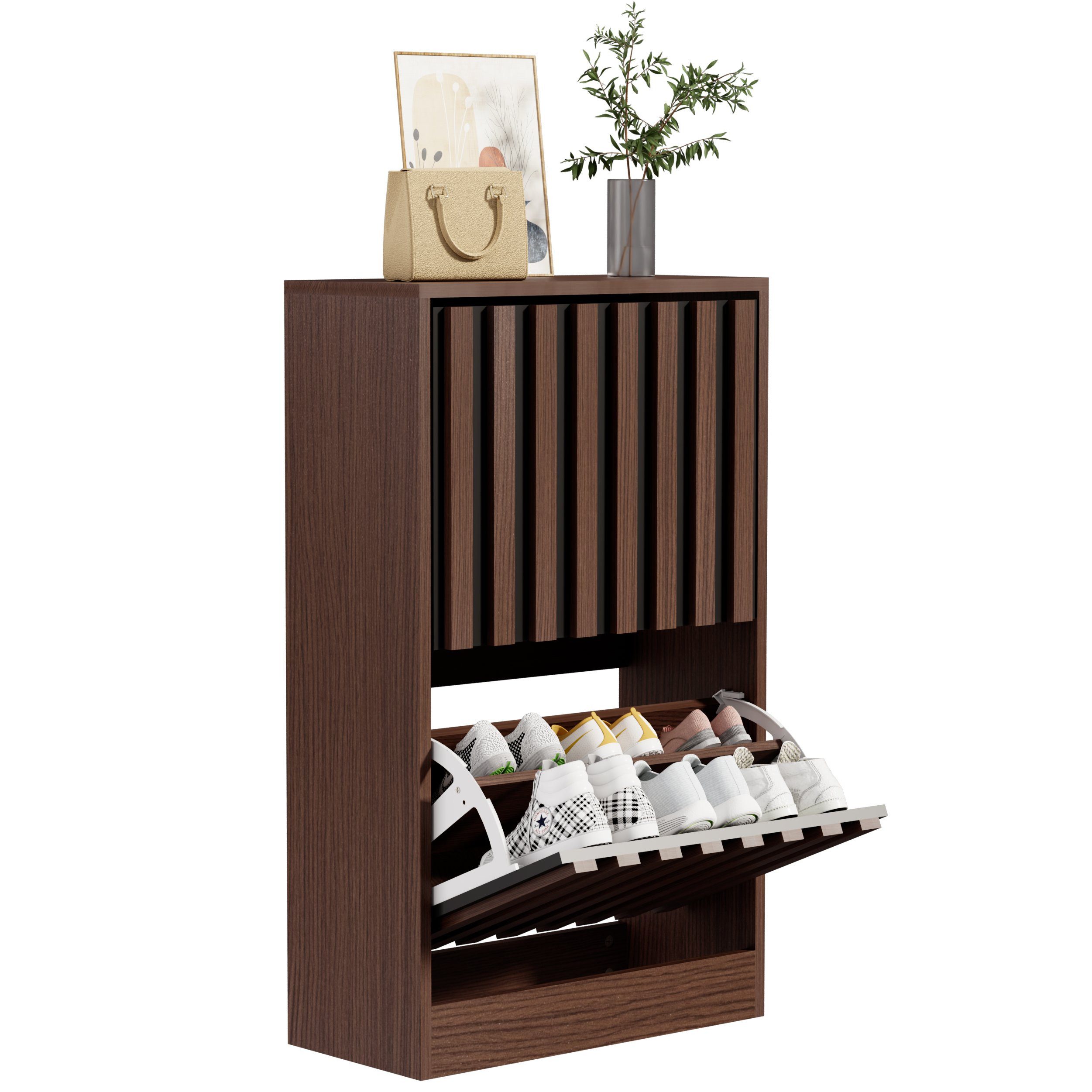 UEV Schuhschrank mit 2 Klappen Schuhregal Schukipper schmal 24CM tief (Anti-Kipp-Vorrichtung für Eingangsbereich, Modern Schuhaufbewahrung mit Oberplatte Platzsparend, Schuhkommode) Trennwände verstellbar und abnehmbar für verschiedene Schuhtypen