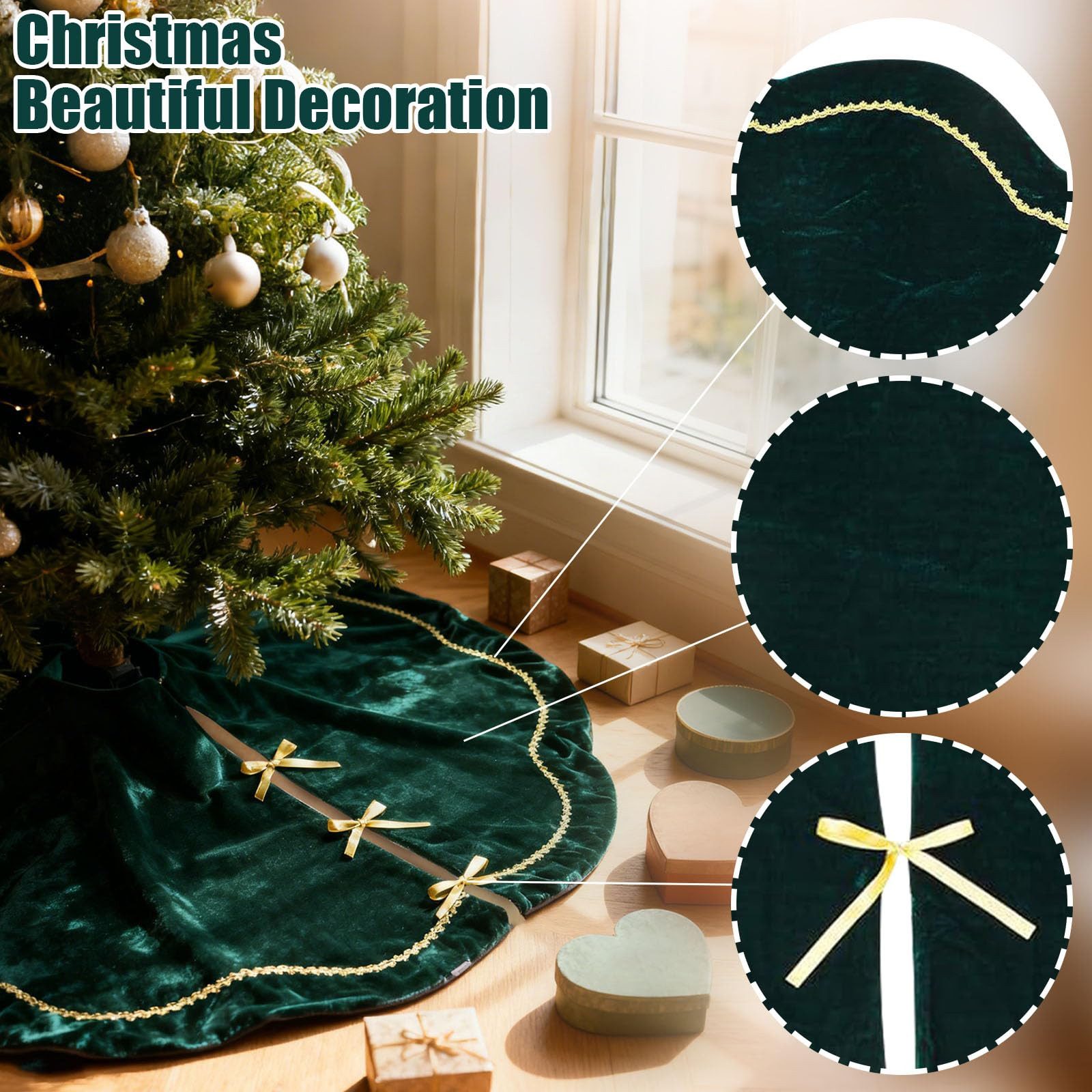 CLTYQ Weihnachtsbaumdecke Weihnachtsbaumdecke Baumrock Baumteppich Weihnachten Samt & Plüsch, Mit funkelnder Goldspitze und Bogenkante, Rustikale Weihnachtsdeko – Bild 5 von 5