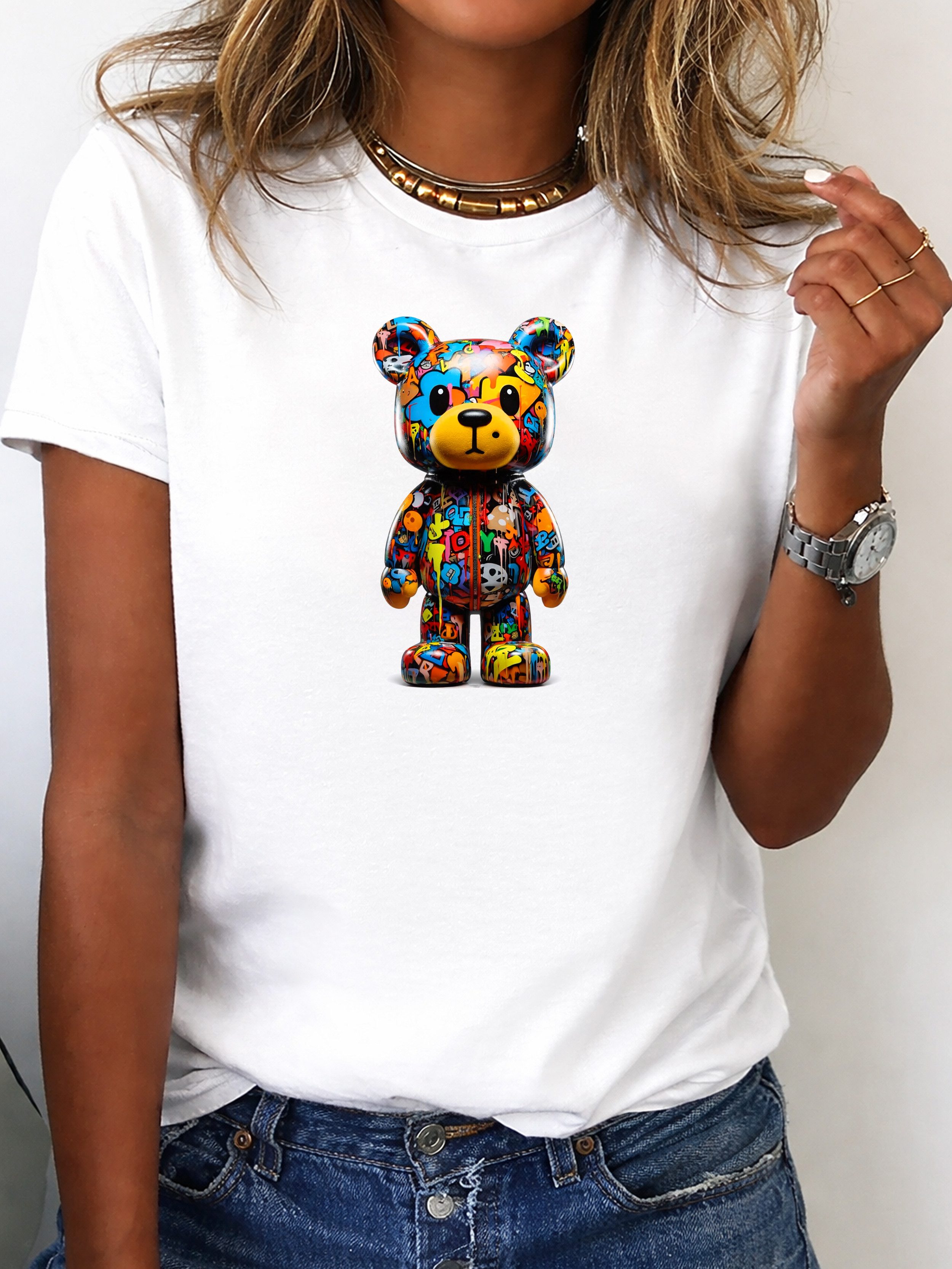 RMK T-Shirt Damen Shirt Rundhals Basic "Color Bear" aus 100% Baumwolle