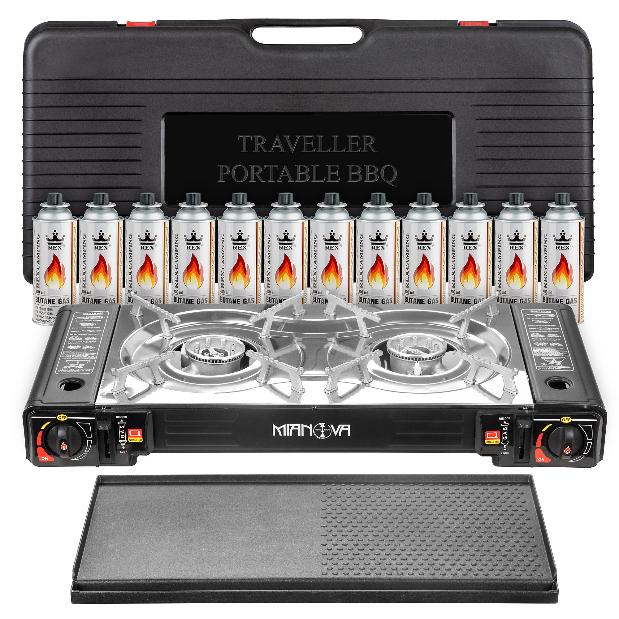 Mianova Gaskocher Doppel Campingkocher Gaskocher 2 Flammig Grillplatte + Gaskartuschen, (Mobiler Gaskocher 2-Flammig Outdoor Camping Festival Kocher mit Grillplatte), mit automatischer Piezo-Zündung, inkl. Adapter für LPG Anschluss