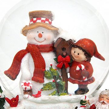 Dekohelden24 Schneekugel Schneekugel Schneemann mit Kind auf aufwendig verziertem Sockel, mit (1 St)