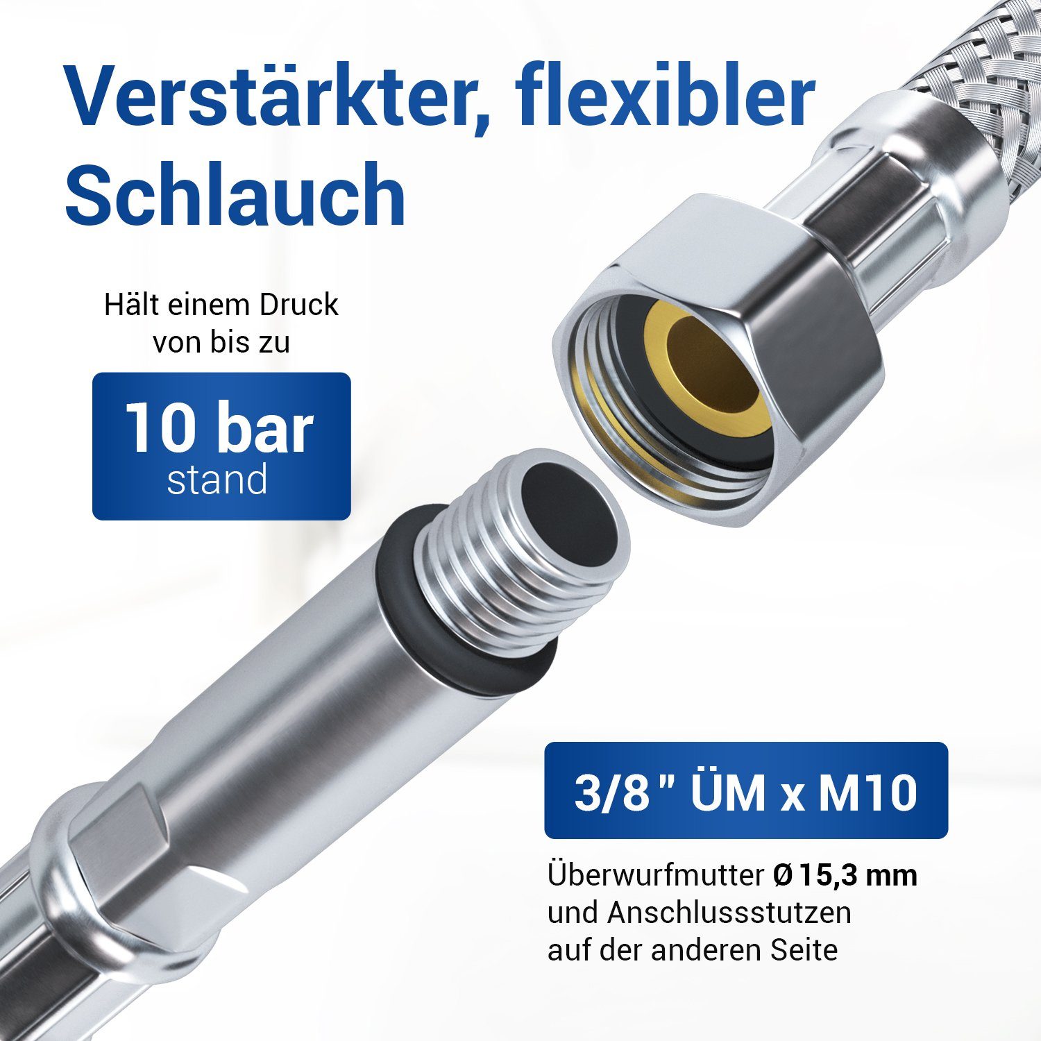 VIOKS Flexschlauch Panzerschlauch 3/8 Zoll ÜM x M10, mit Dichtung 30 bis 300 cm für Sanitär – Bild 2 von 5