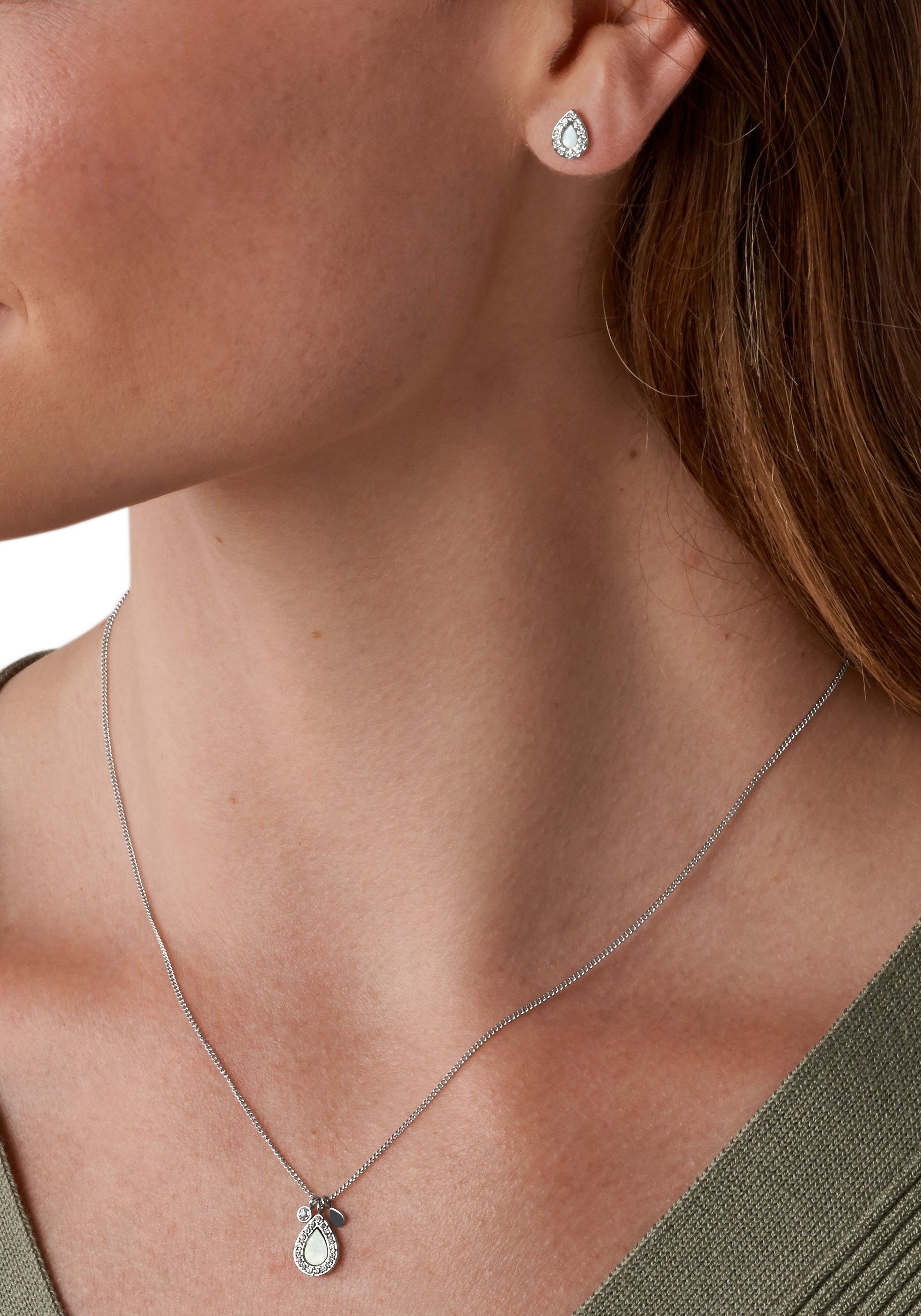 Fossil Ohrring und Ketten Set Schmuck Geschenk Edelstahl Tropfen (Set, 3-tlg), mit Perlmutt und Glassteinen