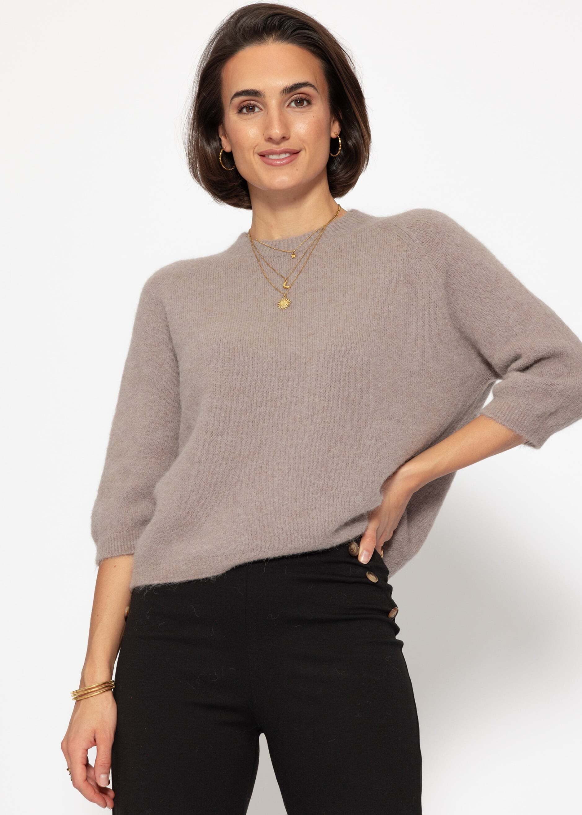 SASSYCLASSY Stricktop Strickoberteil Set für Damen Weiche Tops mit halbangen Ärmeln und Runhalsausschnitt Taupe-Offwhite