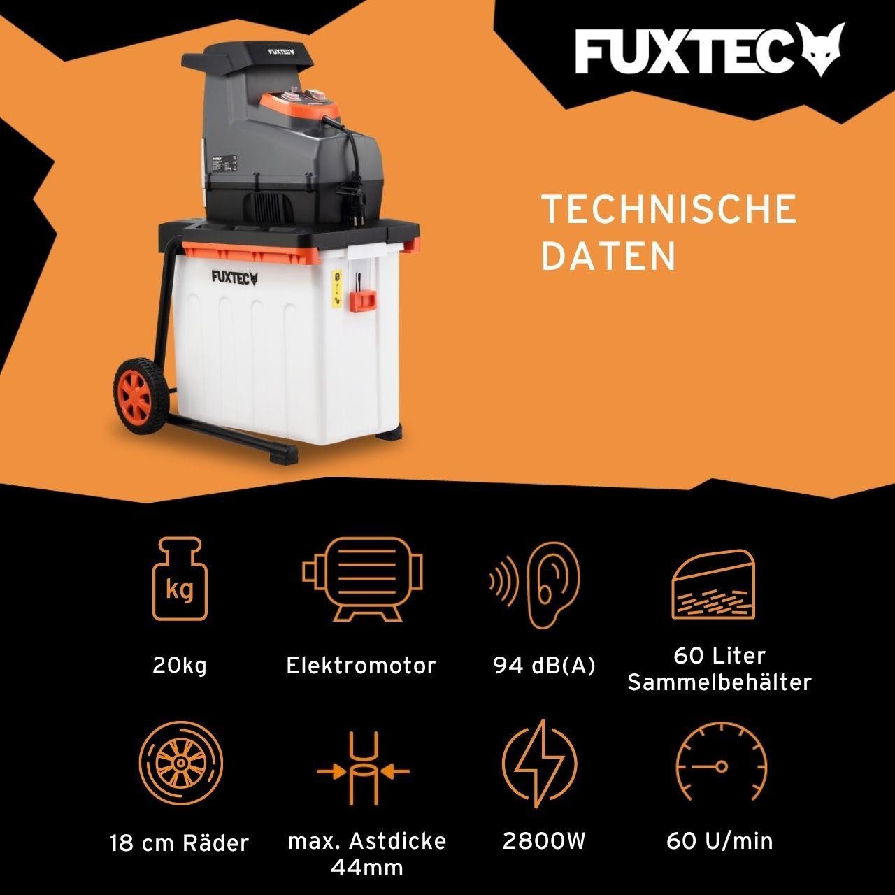 FUXTEC Häcksler FX-EGH2800B, 44 cm max. Astdurchmesser, 2800W, Walzenschneidsystem, 60L Fangbox