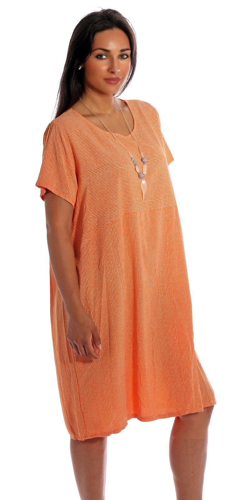Moda Sommerkleid mit Modeschmuckkette Orange "Paula" gestreift Shirtkleid Charis
