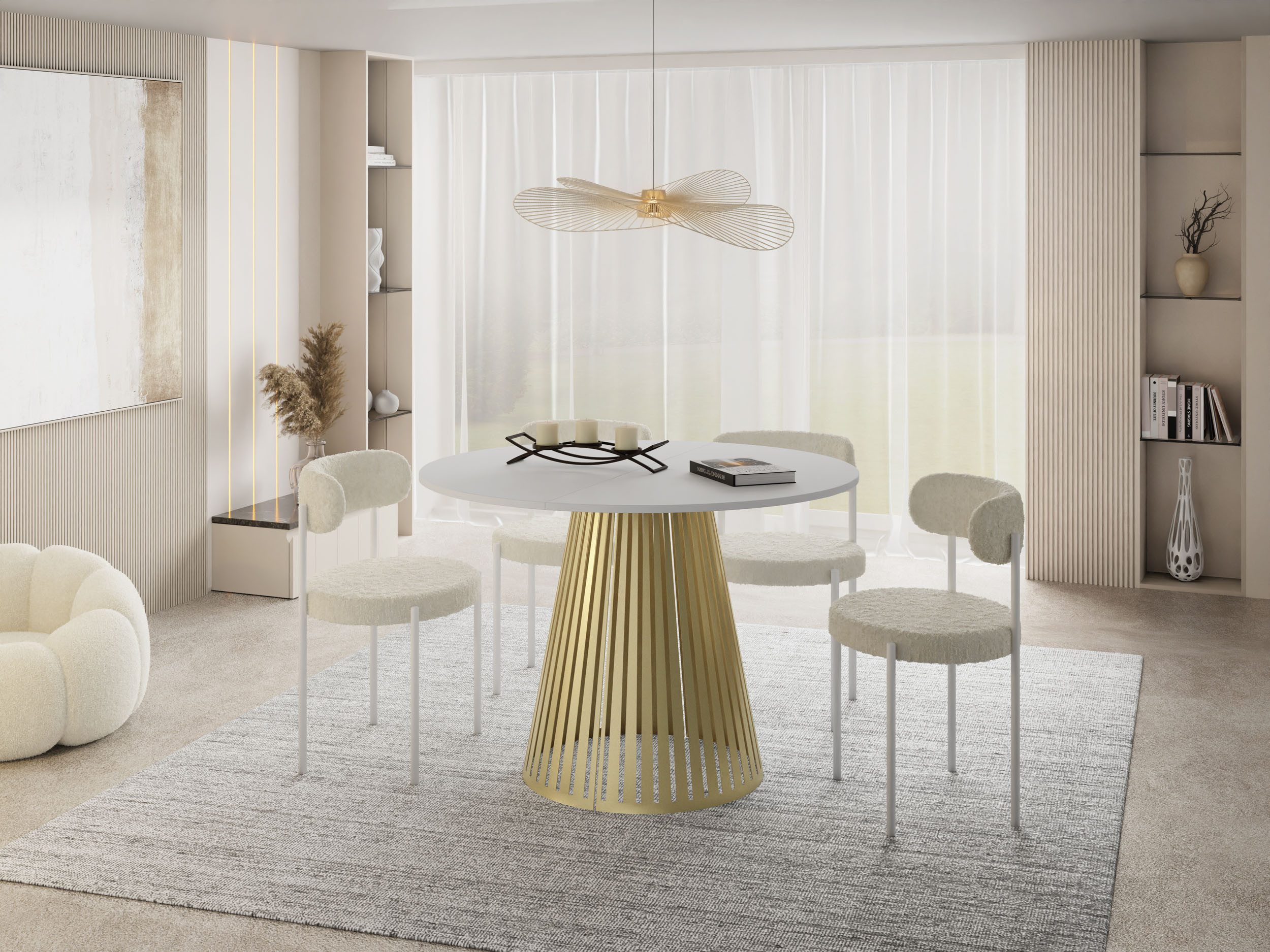 WFL GROUP Esstisch Naro Gold ausziehbar rund modern mit goldenen Metallbeinen (MADE IN EU, erhältlich in 2 Größen – 100/120 cm, ausziehbar auf 180/200 cm), platzsparender Tisch für kleine Küche, Esszimmer oder Wohnzimmer