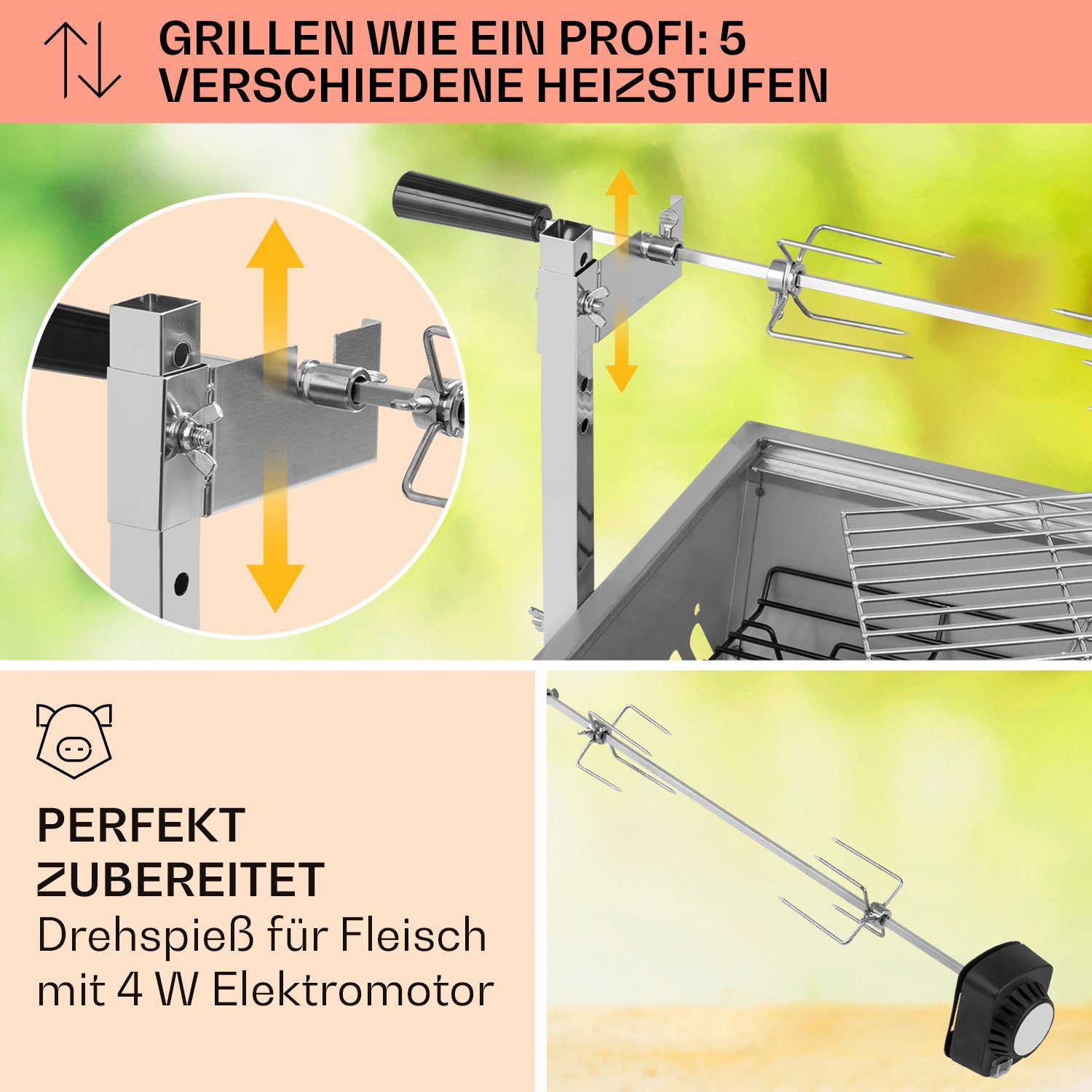 Klarstein Holzkohlegrill Sauenland Mini, Set, Grillspieß mit Motor Grill Drehspieß mit Motor Spanferkel Grill