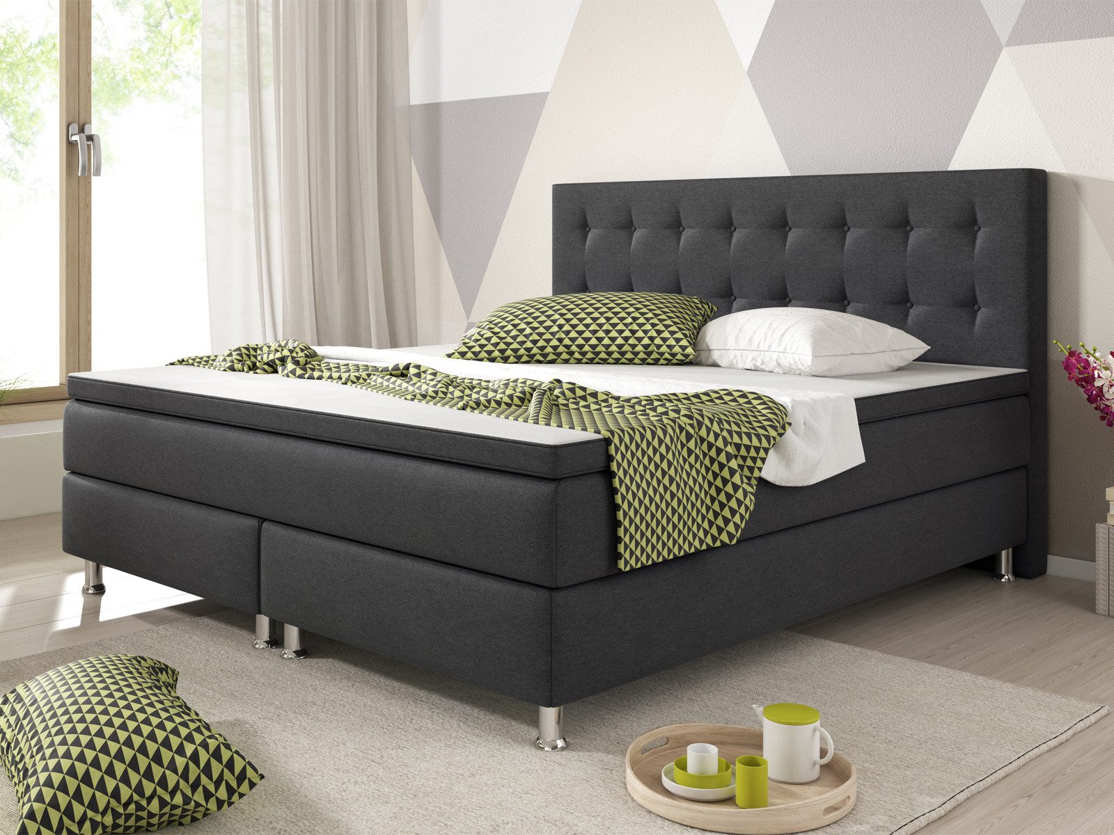 inter Boxspringbett Boxspringbett Köln Webstoff mit 7 Zonen Taschenfederkern und Topper (180x200 cm, Anthrazit inkl. 7 Zonen Taschenfederkernmatratzen und Topper), Taschenfederkern-Komfort, gepolstertes Kopfteil, inklusive Matratzen