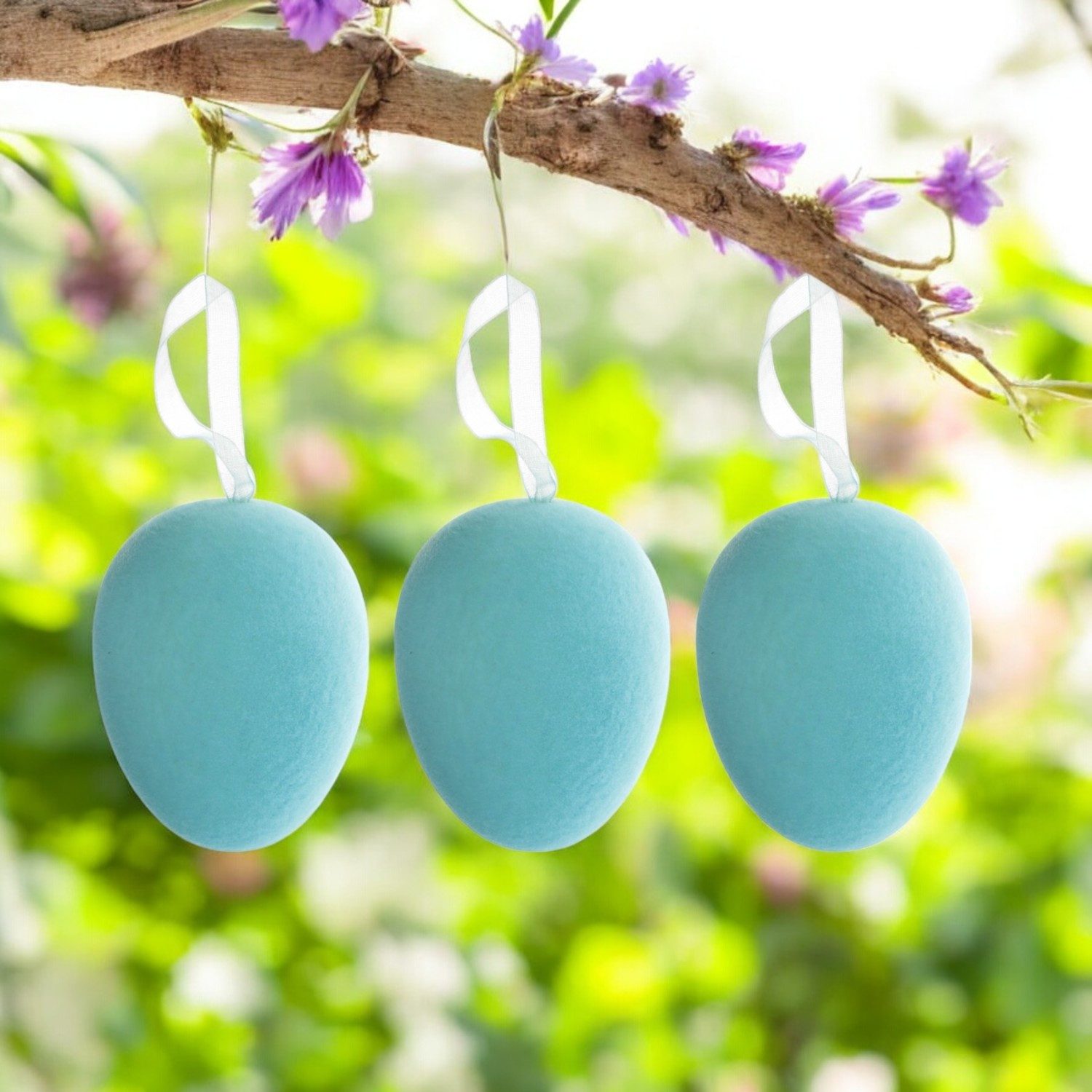 Macosa Home Osterei 3er Set Deko Türkis beflockt Hänger Dekoeier Oster-Dekoration (Hängedeko), Dekoei Osterdekoration