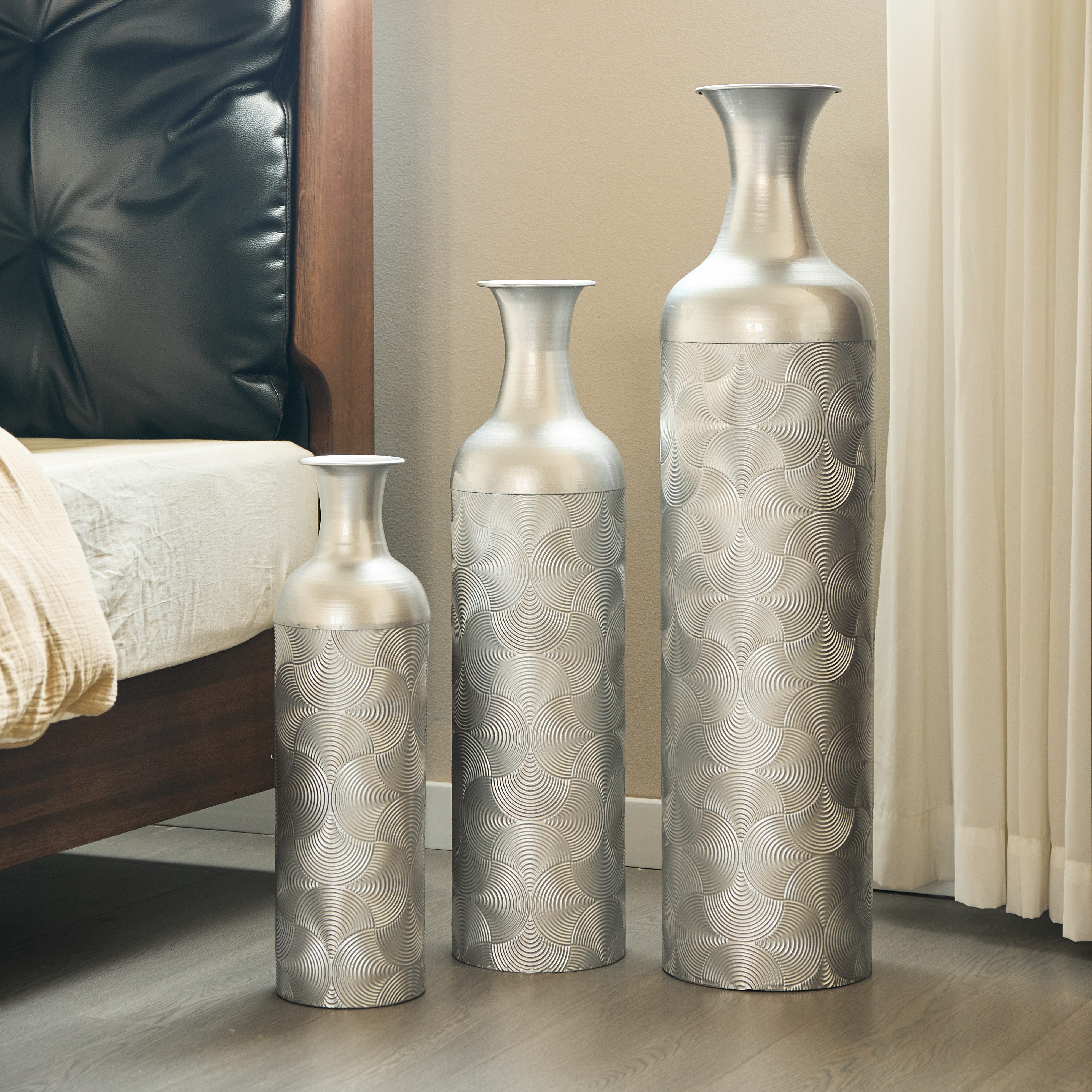 HAUSS SPOLE Bodenvase 3-tlg Metallvasen Dekovasen mit Wellenmuster,Standvasen in Silber (Geeignet für Wohnzimmer, Flure und Hotels)