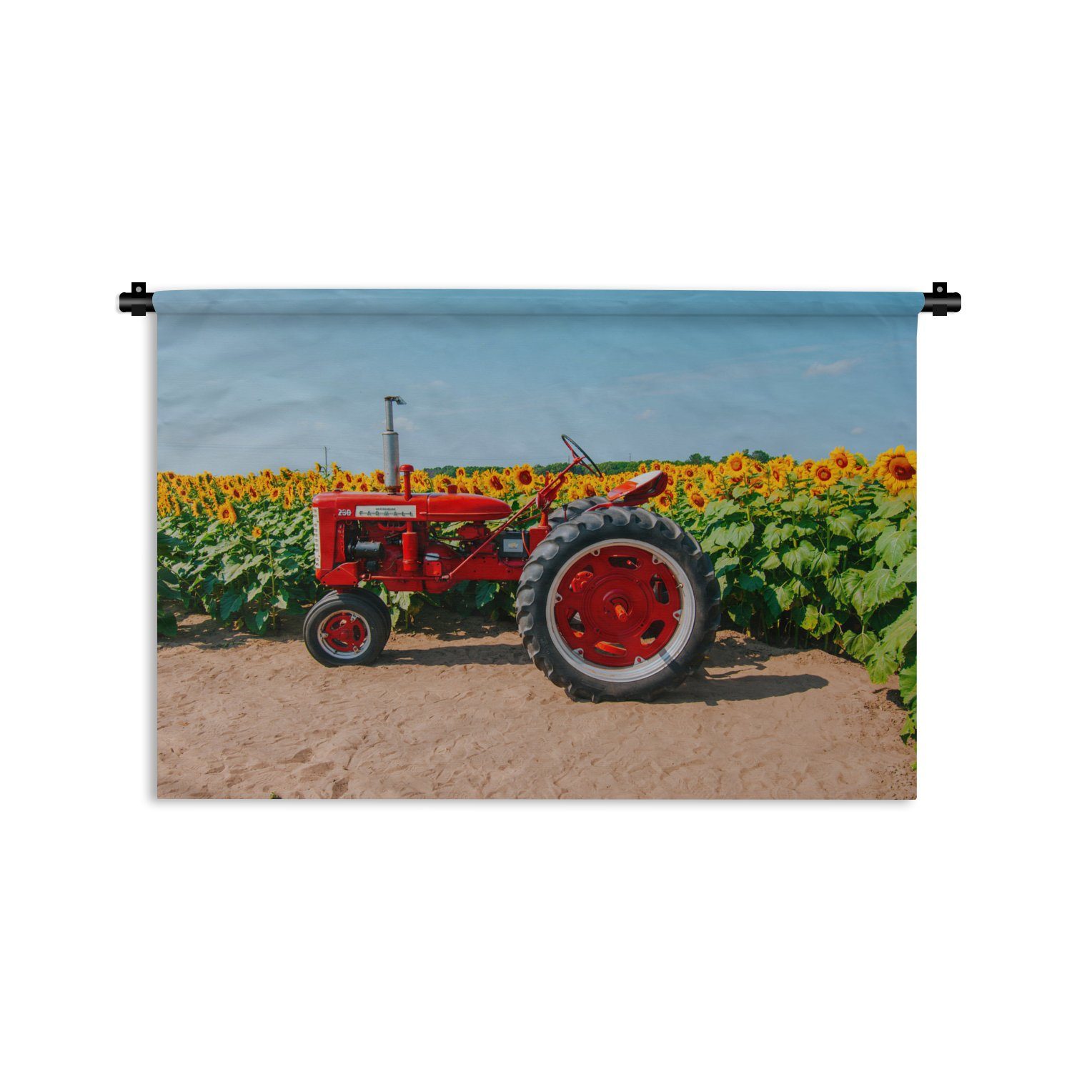 Rot Wanddeko Bauernhof - Wanddekoobjekt Blumen, Kleid, MuchoWow - - Schlafzimmer, - Traktor Sonnenblume Wandbehang, Kinderzimmer Wohnzimmer, für