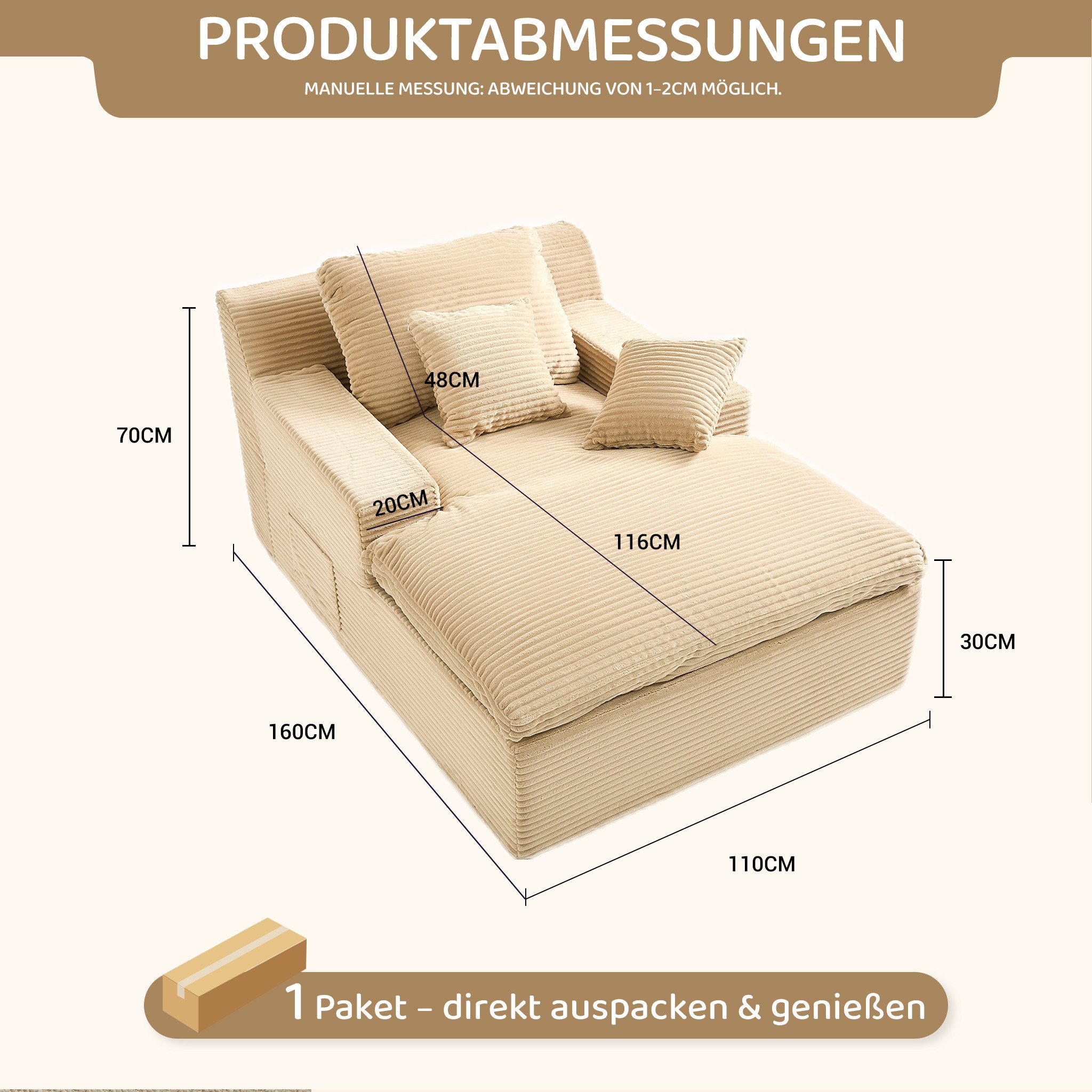 LITBIRD Chaiselongue 160 cm Loungesofa, Boneless Bodensofa & Schlafsofa mit Schlaffunktion, 1 Teile, Platzsparendes Cloud Sofa mit Armlehnen für Wohnzimmer