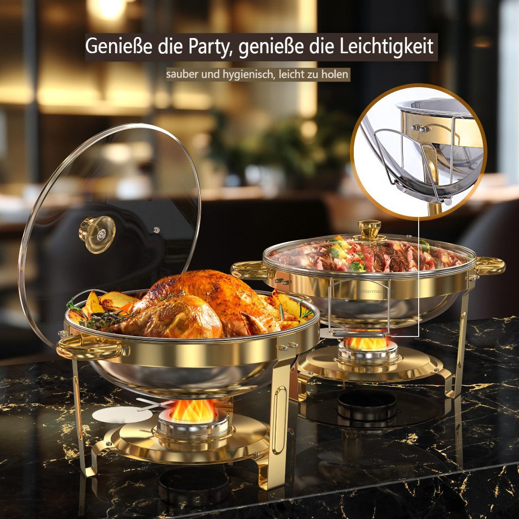Warmounts Speisenwärmer, (2-tlg), Chafing Dish Speisenwärmer Set, rund, Edelstahl, Buffet Warmhalte-Set